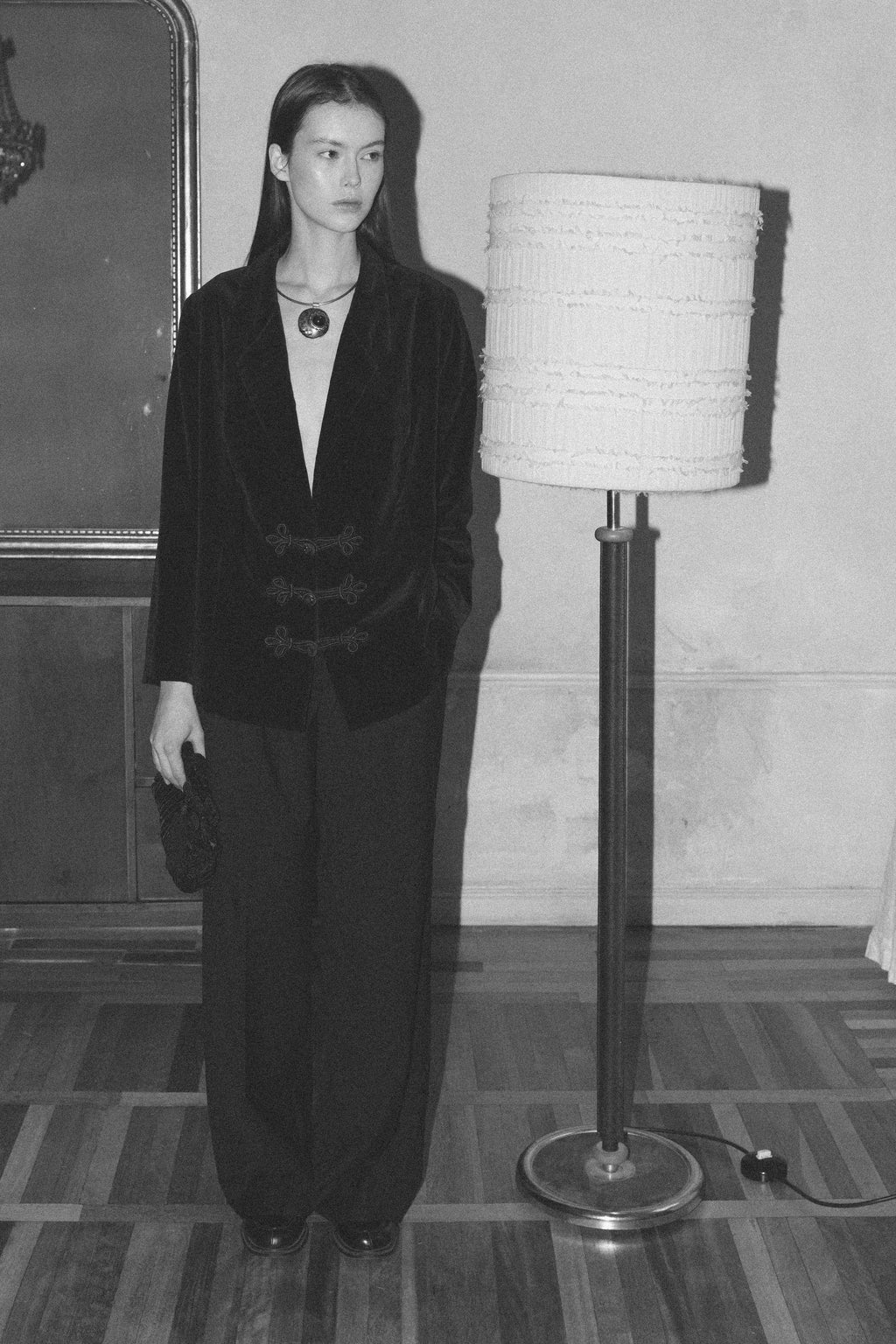 Black Velvet Blazer with Jeweled Closure · M