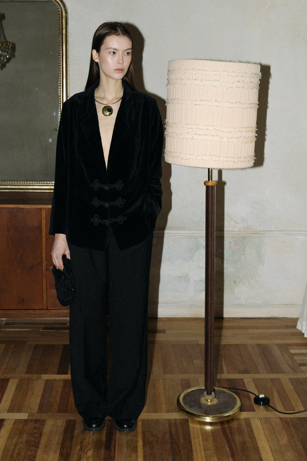 Black Velvet Blazer with Jeweled Closure · M