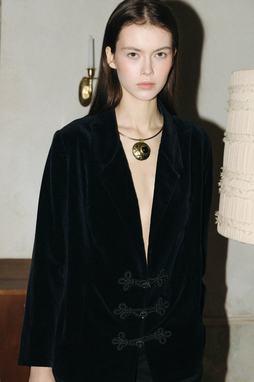 Black Velvet Blazer with Jeweled Closure · M