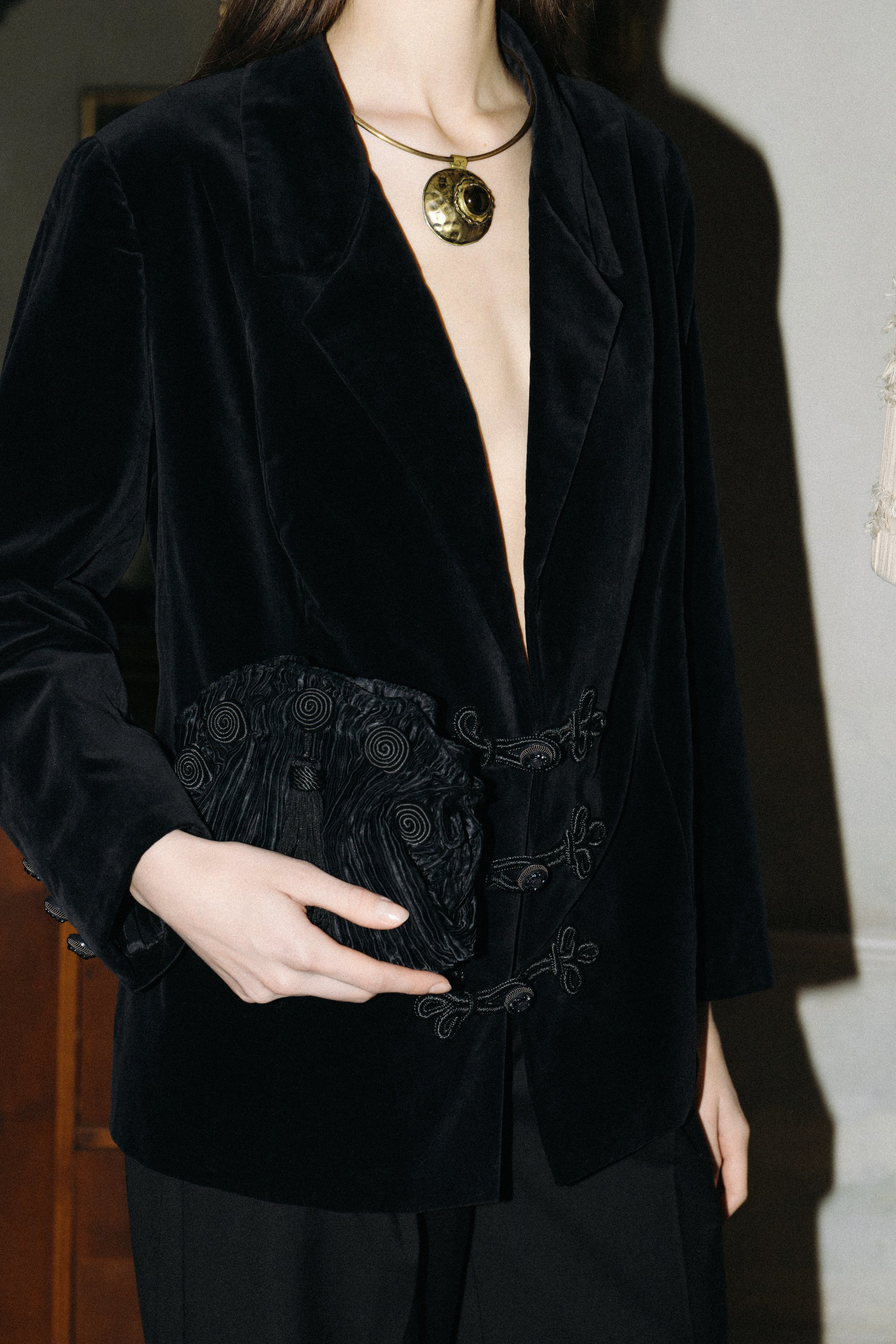 Black Velvet Blazer with Jeweled Closure · M