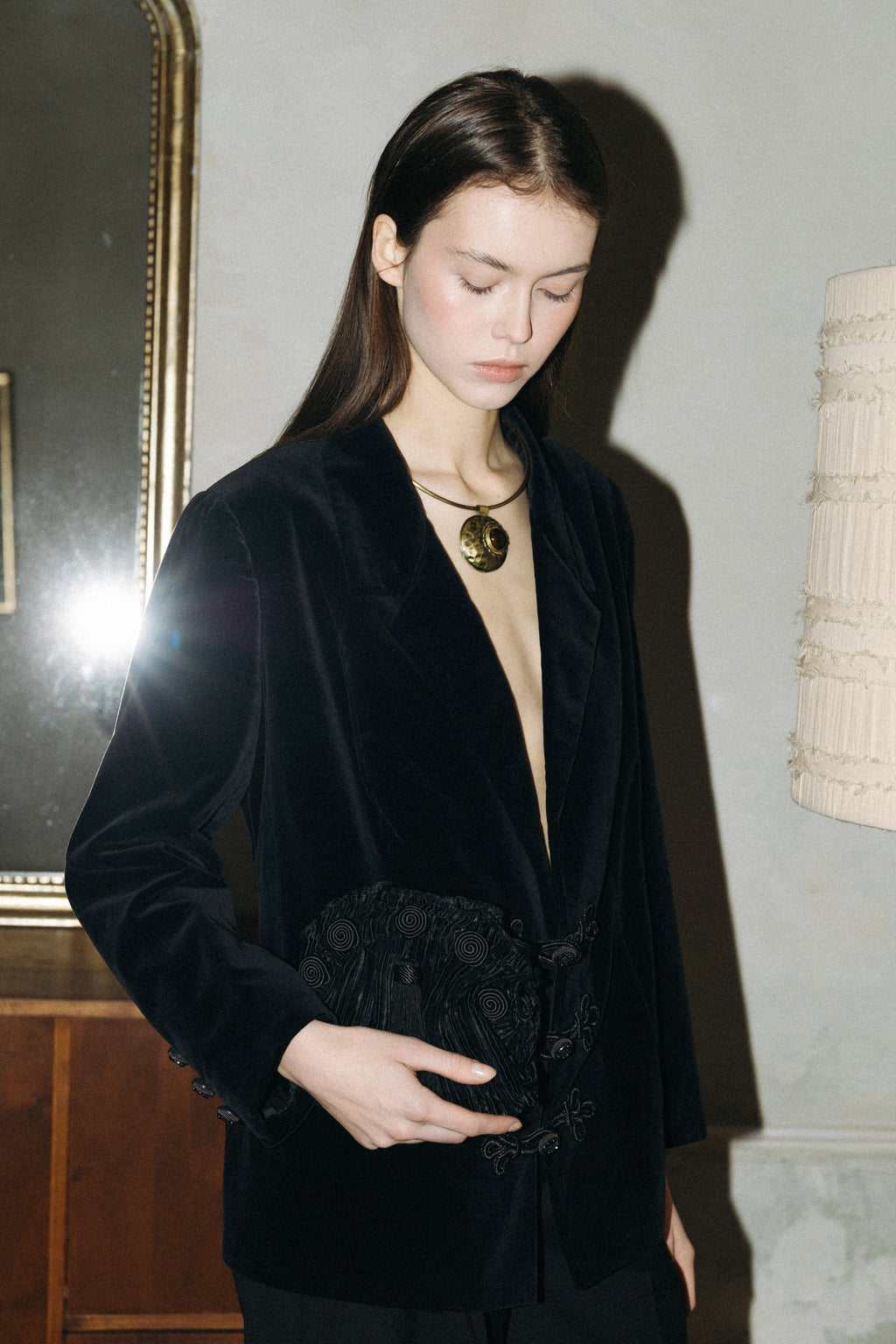 Black Velvet Blazer with Jeweled Closure · M