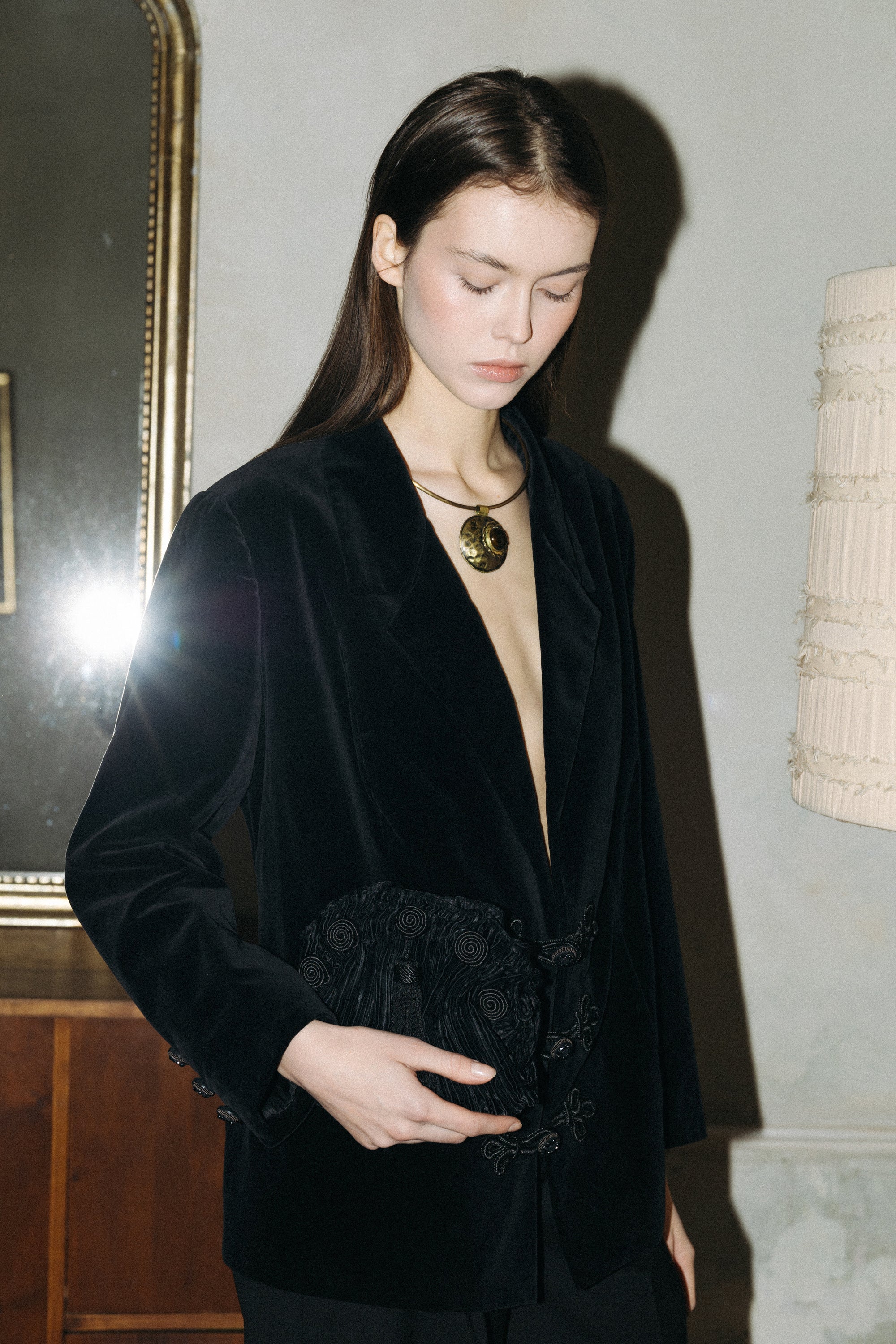 Black Velvet Blazer with Jeweled Closure · M