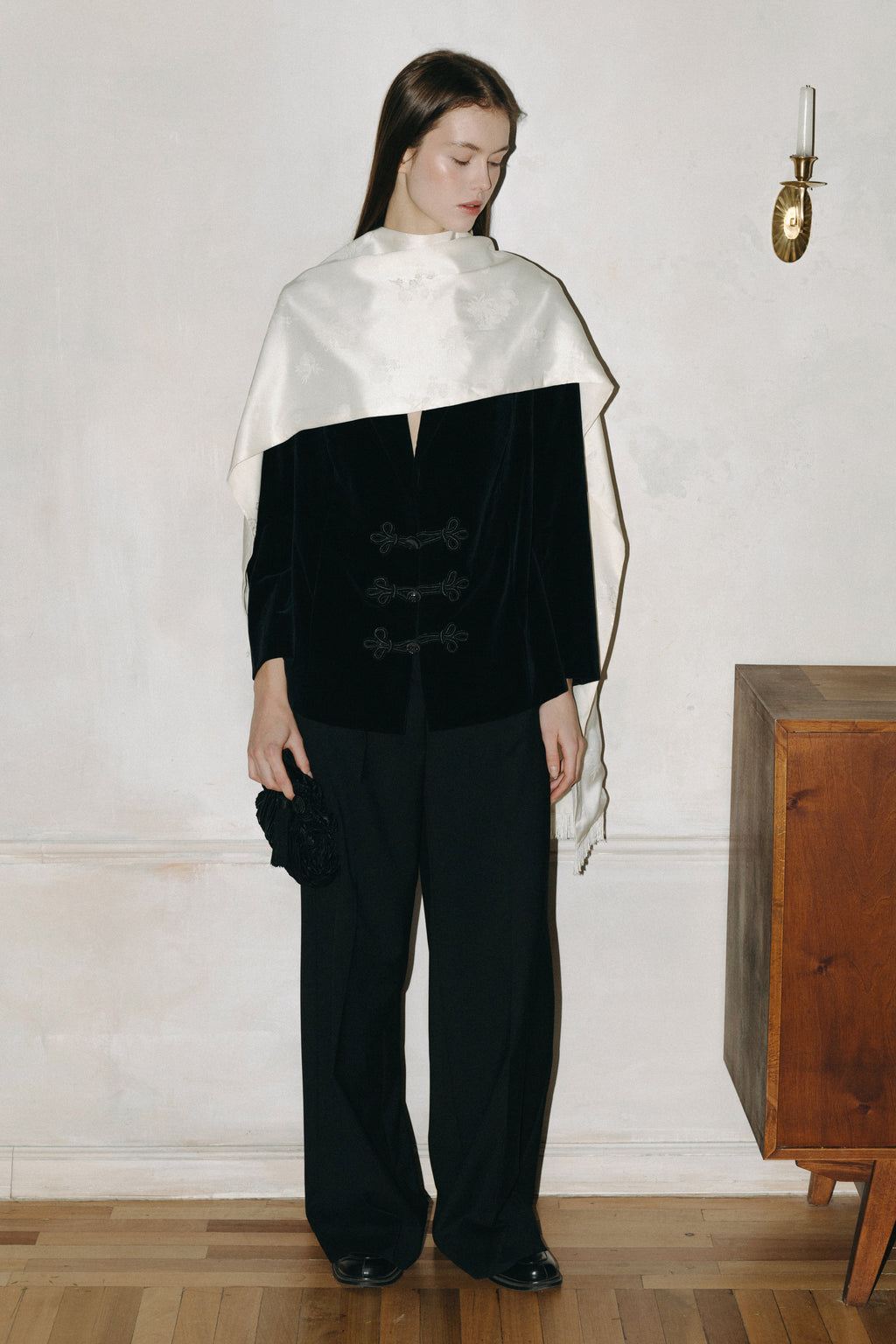 Black Velvet Blazer with Jeweled Closure · M