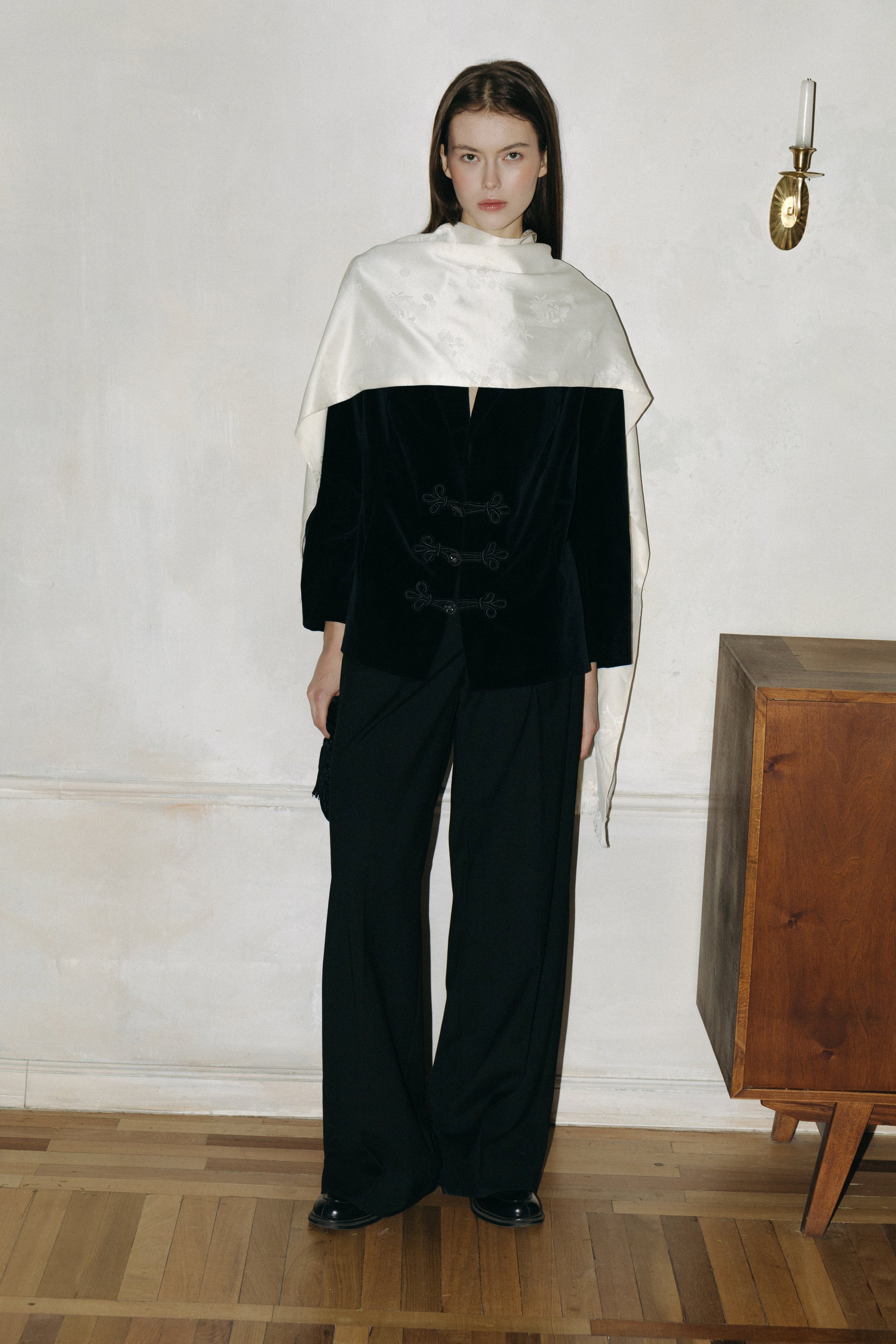 Rare White Satin Scarf with Tassels and Asian Ornament