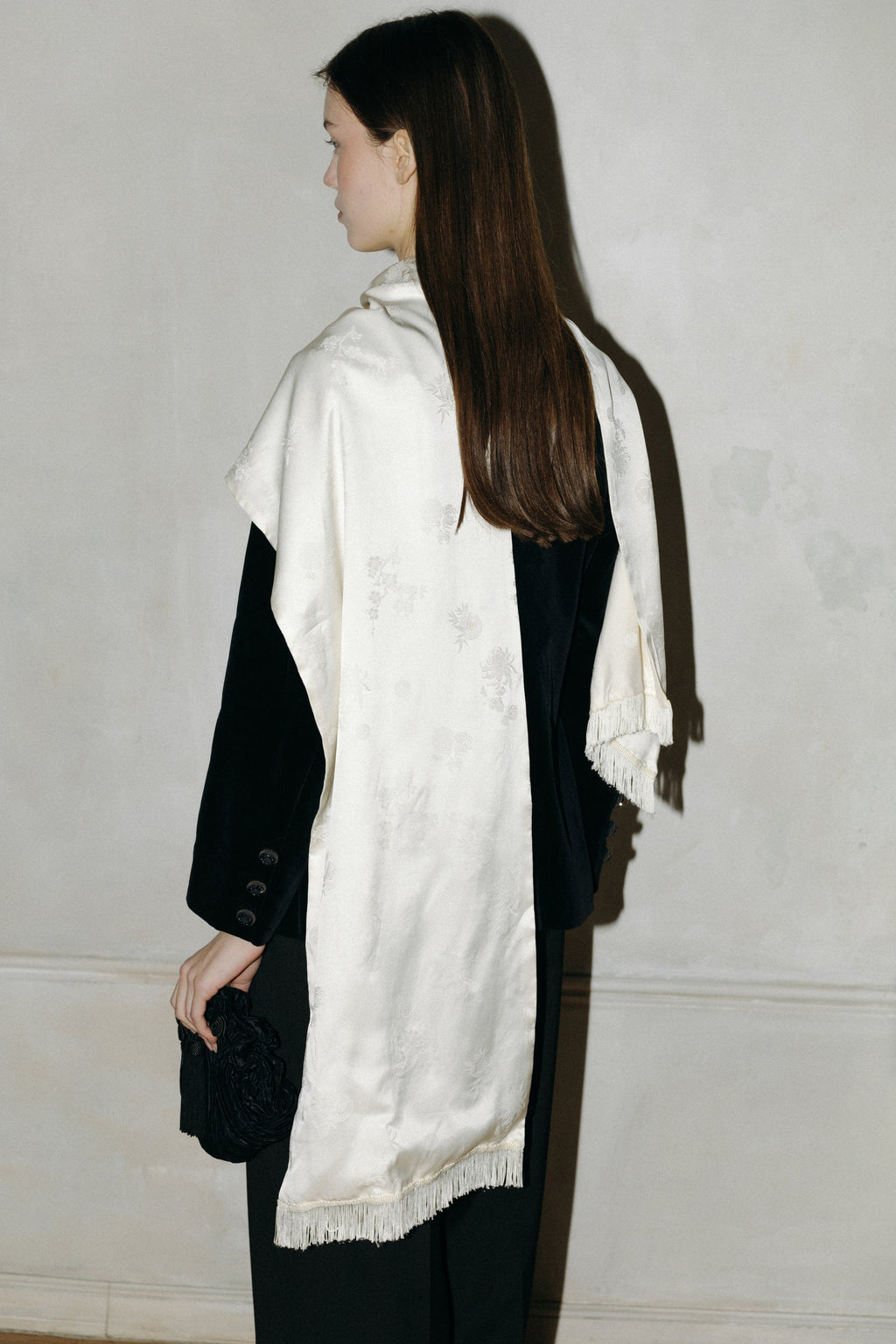 Rare White Satin Scarf with Tassels and Asian Ornament