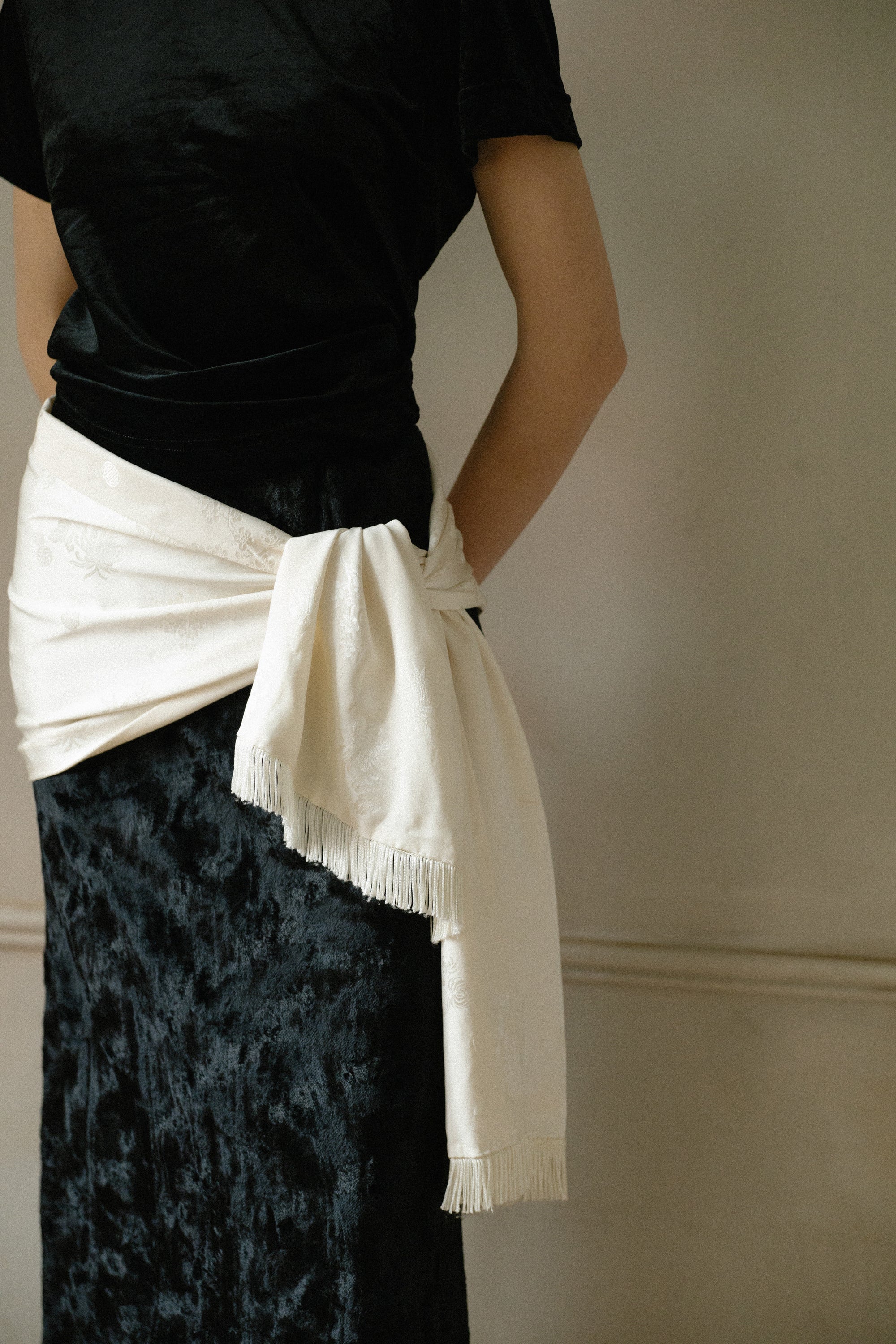 Rare White Satin Scarf with Tassels and Asian Ornament