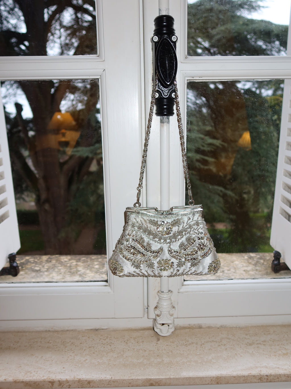 Vintage Silver-Toned Beaded Evening Bag in Soft Blue-White Hue