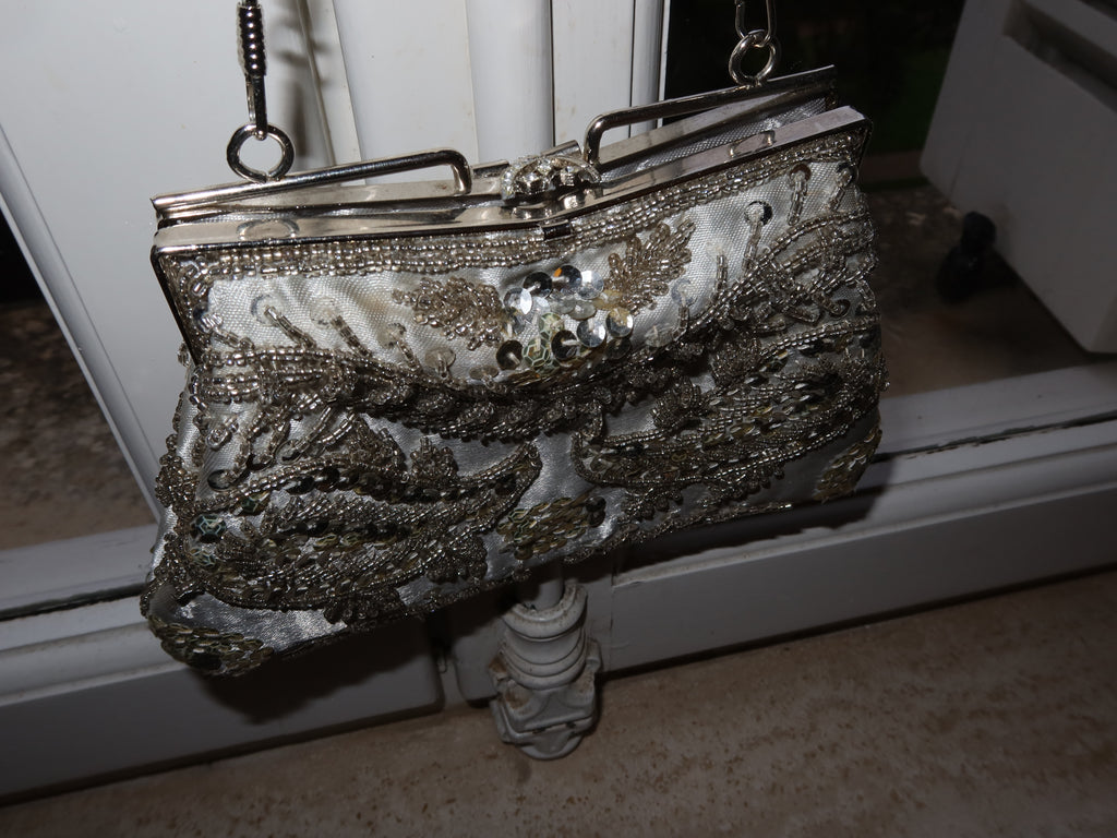 Vintage Silver-Toned Beaded Evening Bag in Soft Blue-White Hue