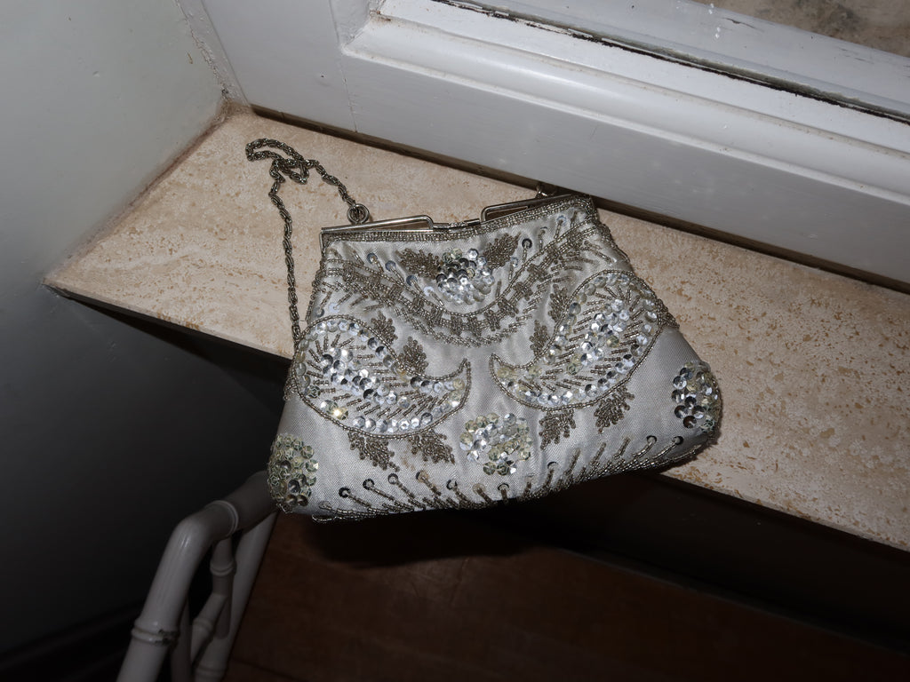Vintage Silver-Toned Beaded Evening Bag in Soft Blue-White Hue