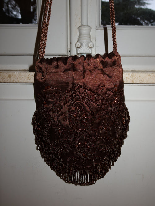 1990s Handmade Chocolate Brown & Gold Beaded Drawstring Bag