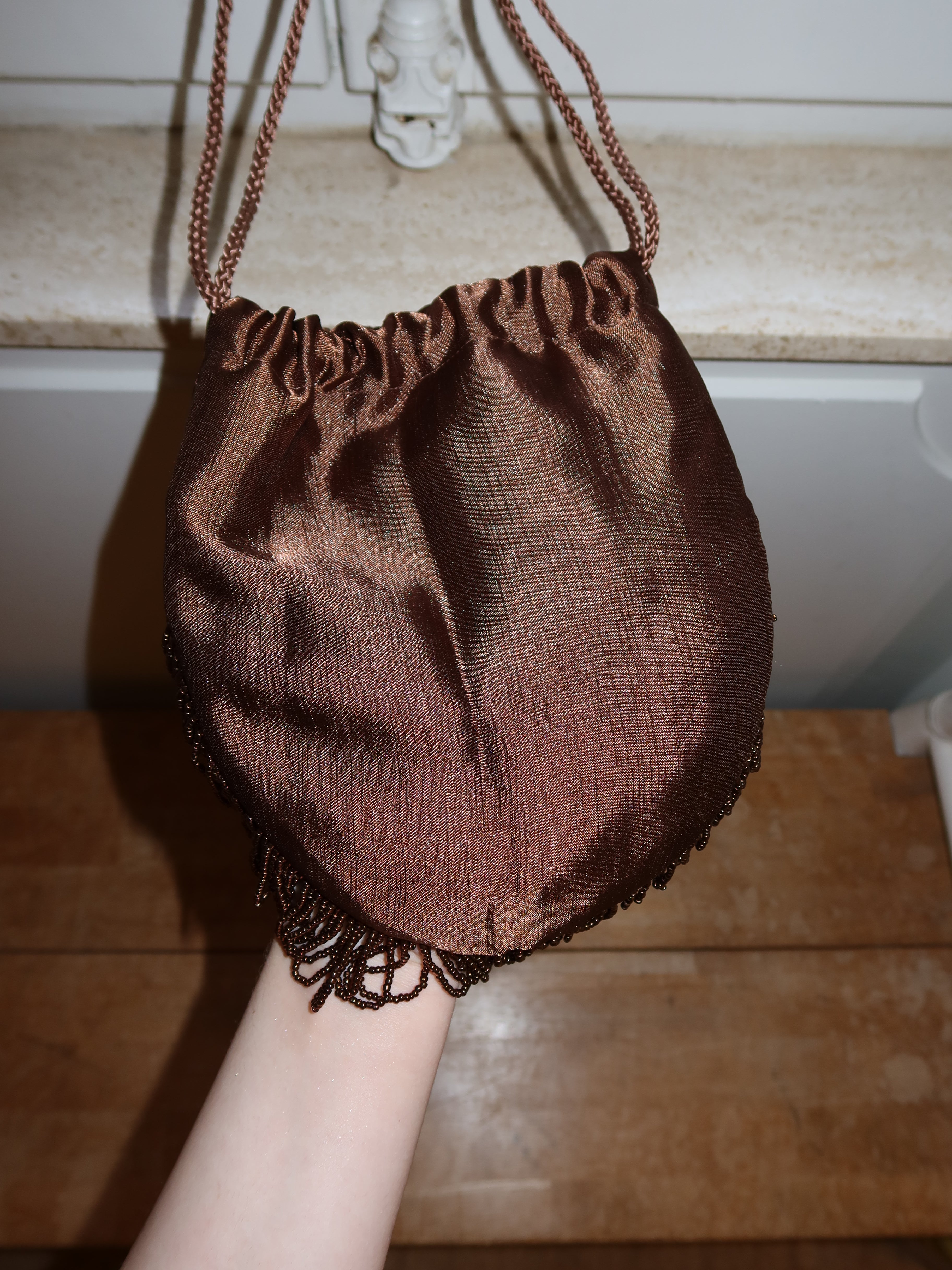 1990s Handmade Chocolate Brown & Gold Beaded Drawstring Bag