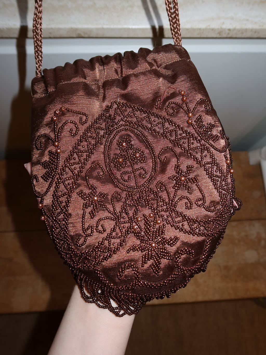 1990s Handmade Chocolate Brown & Gold Beaded Drawstring Bag