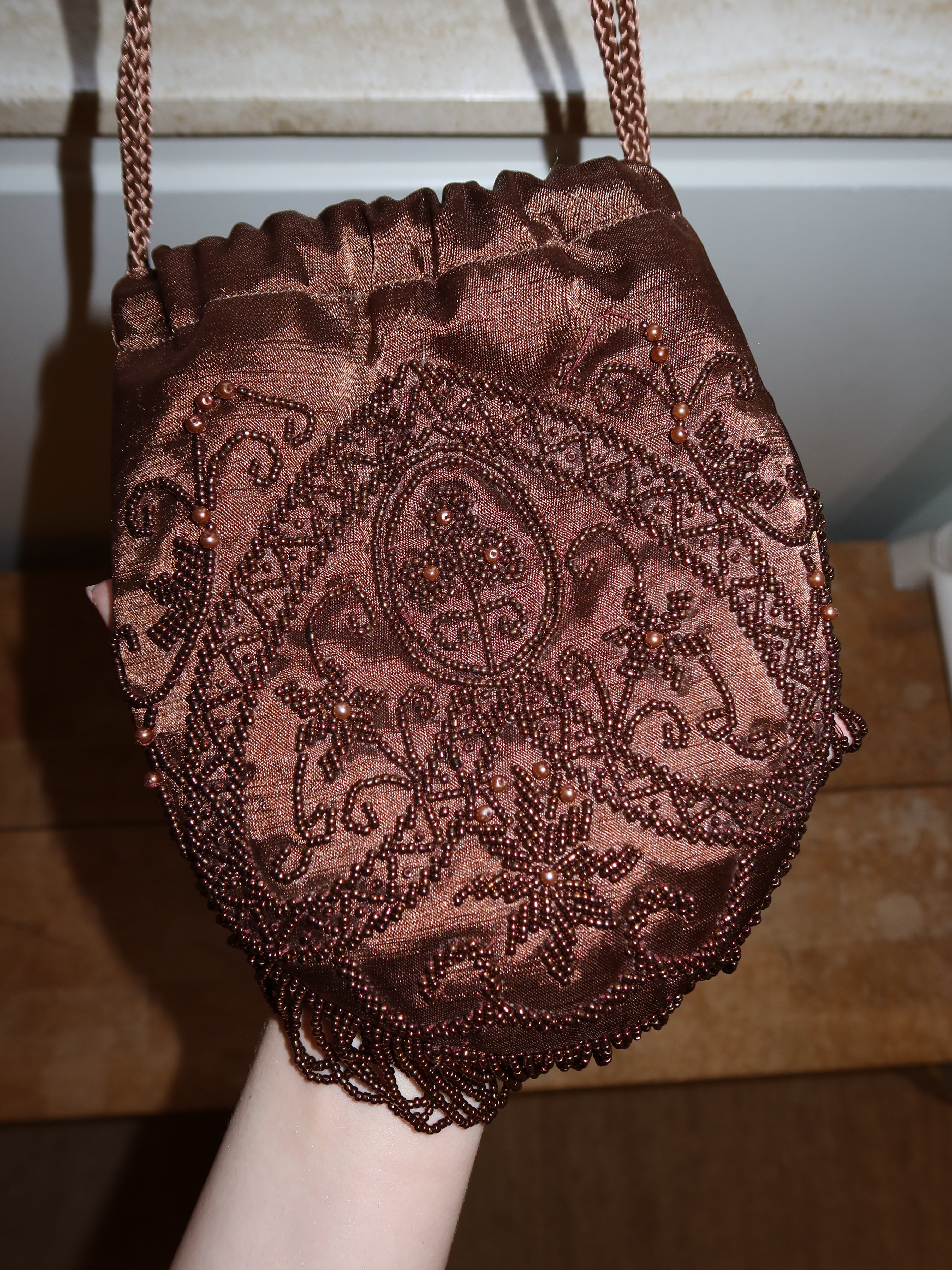 1990s Handmade Chocolate Brown & Gold Beaded Drawstring Bag