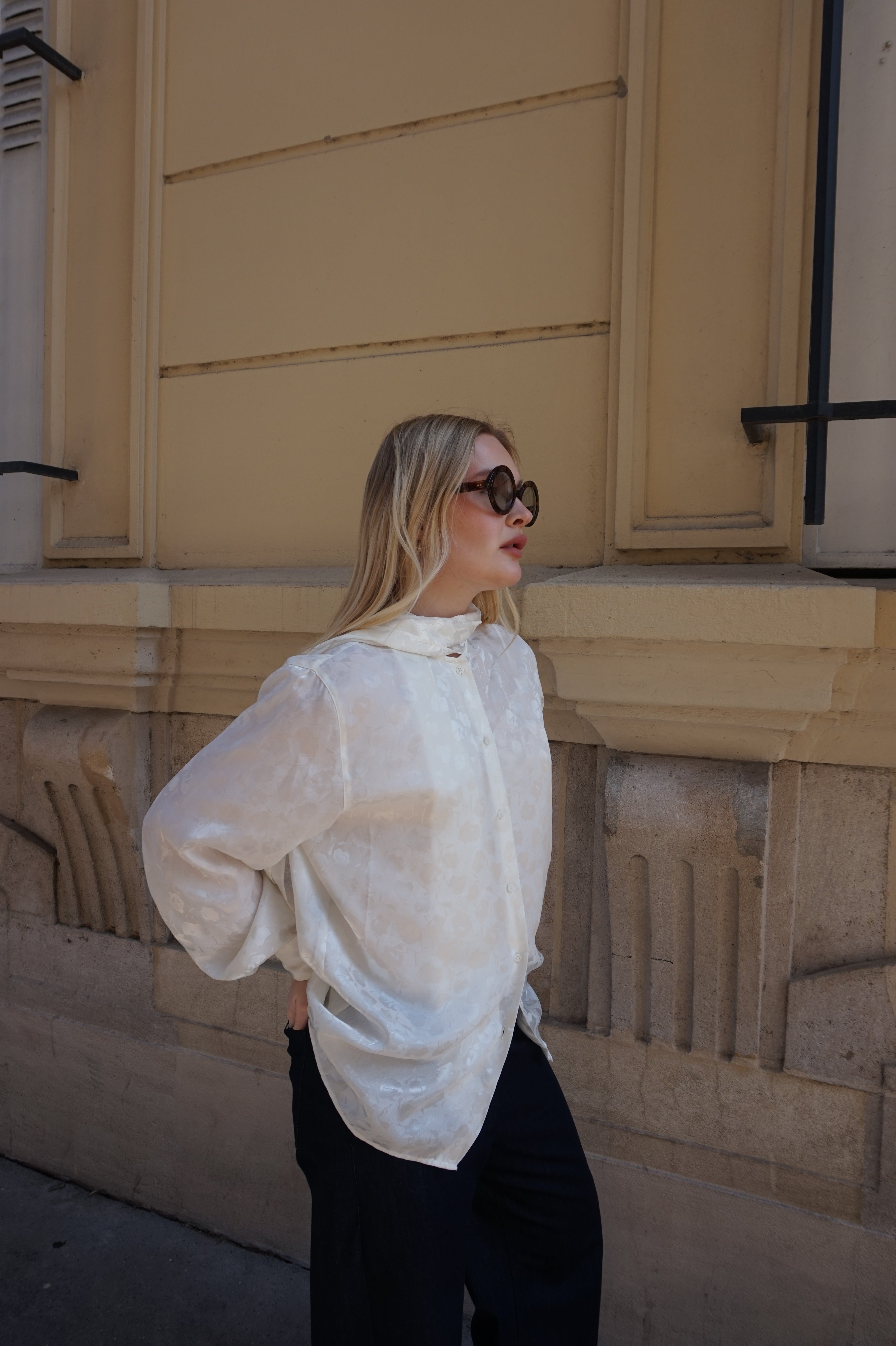 Elegant White Satin Blouse with Scarf