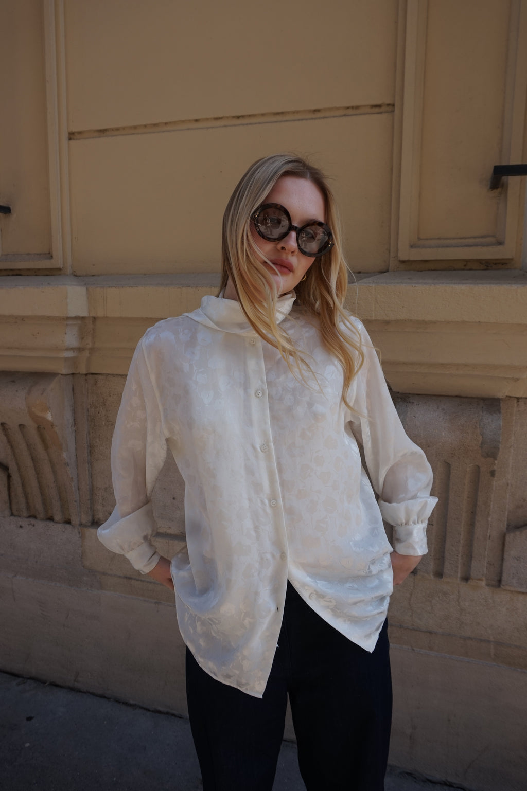 Elegant White Satin Blouse with Scarf