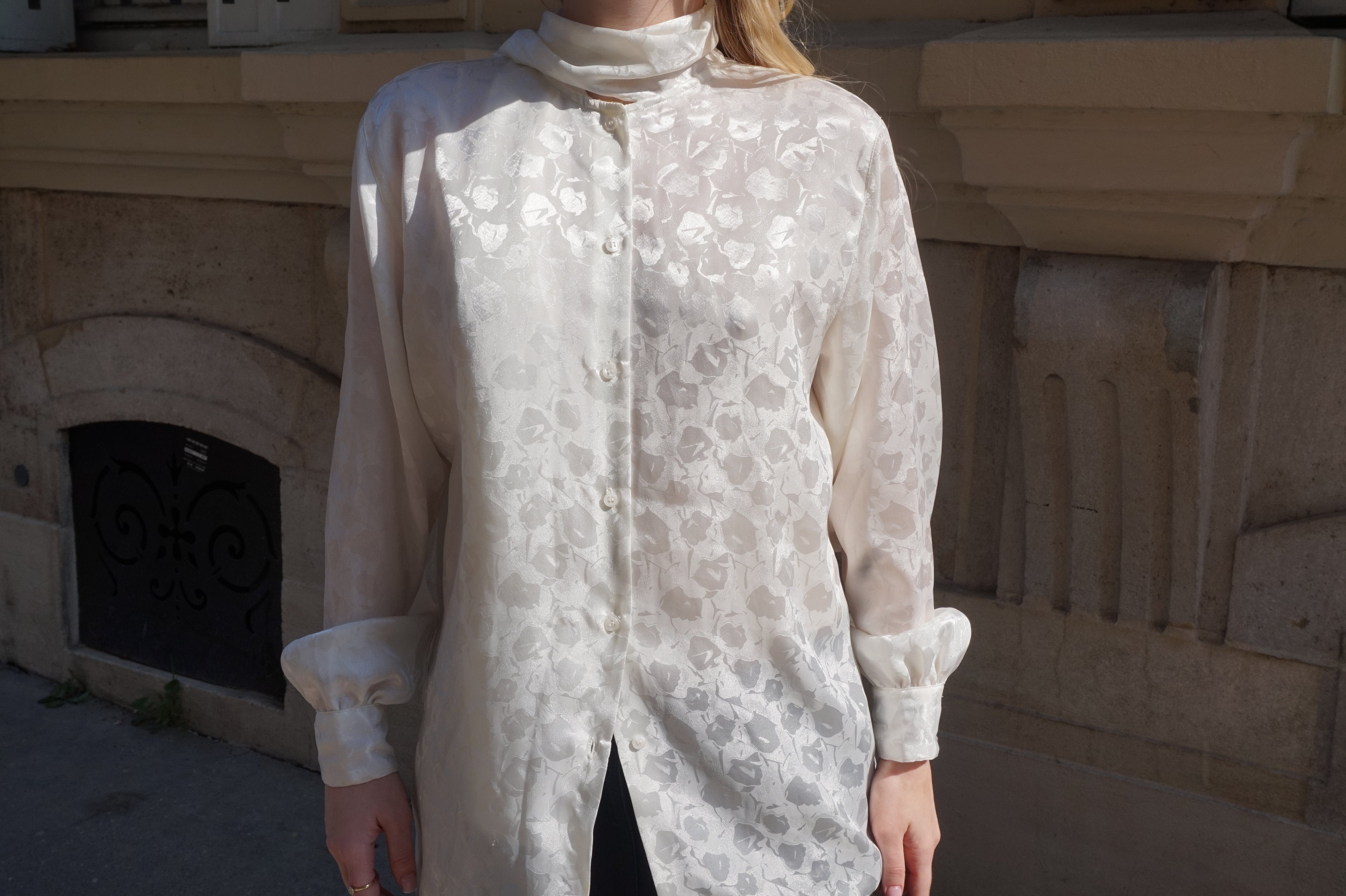 Elegant White Satin Blouse with Scarf