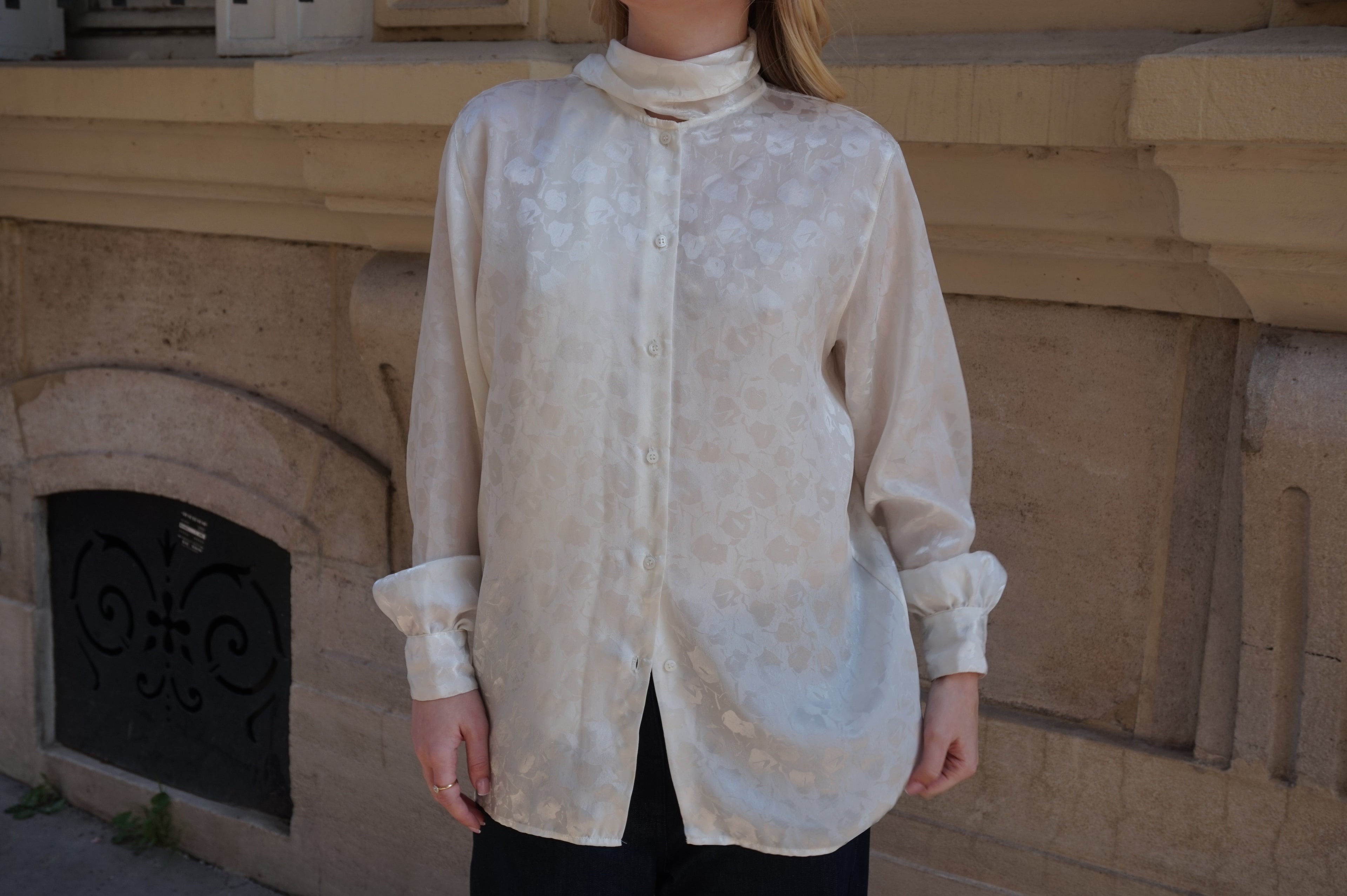 Elegant White Satin Blouse with Scarf
