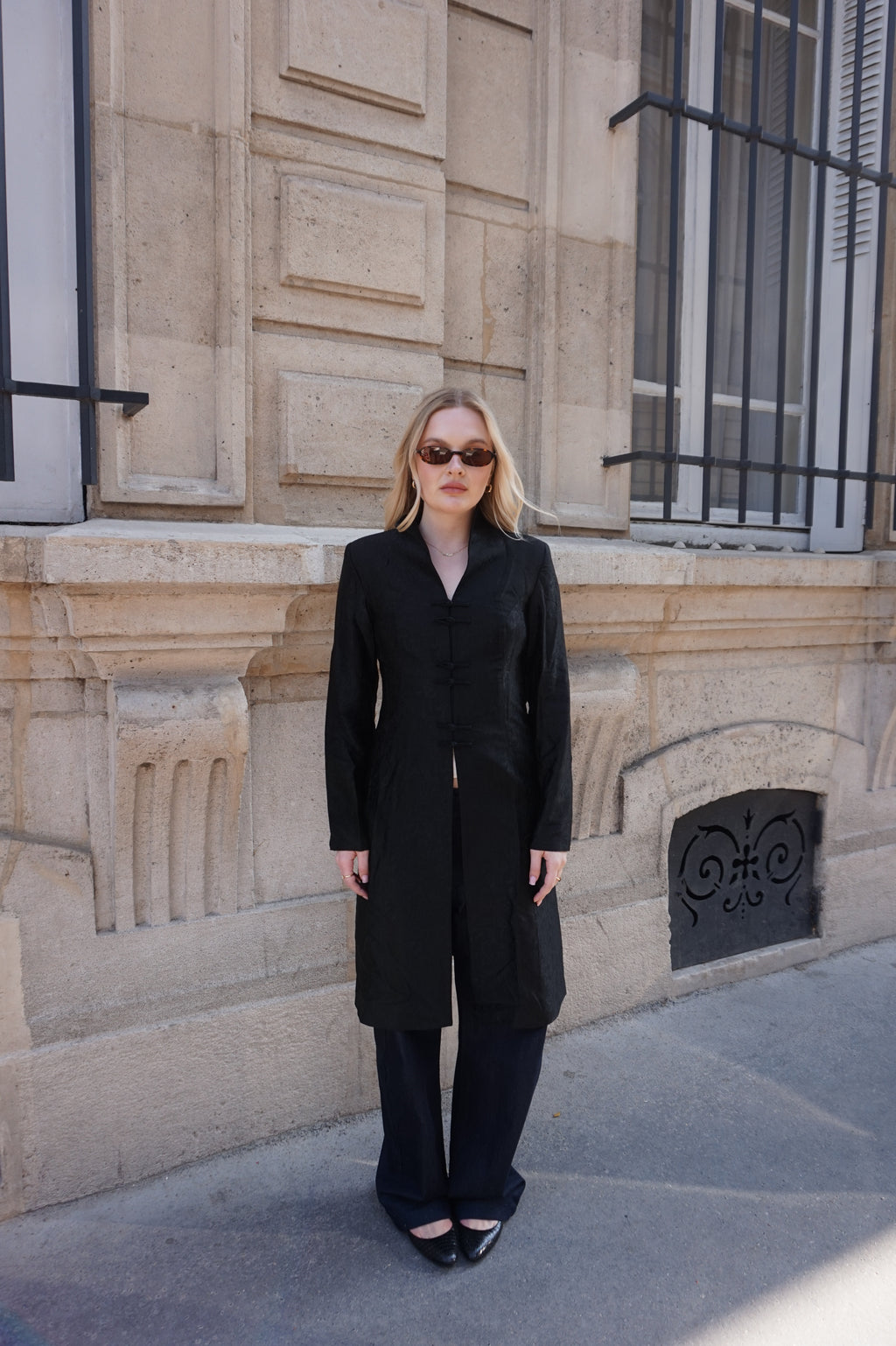 Black Chinese-Style Satin Jacket with Knot Closures
