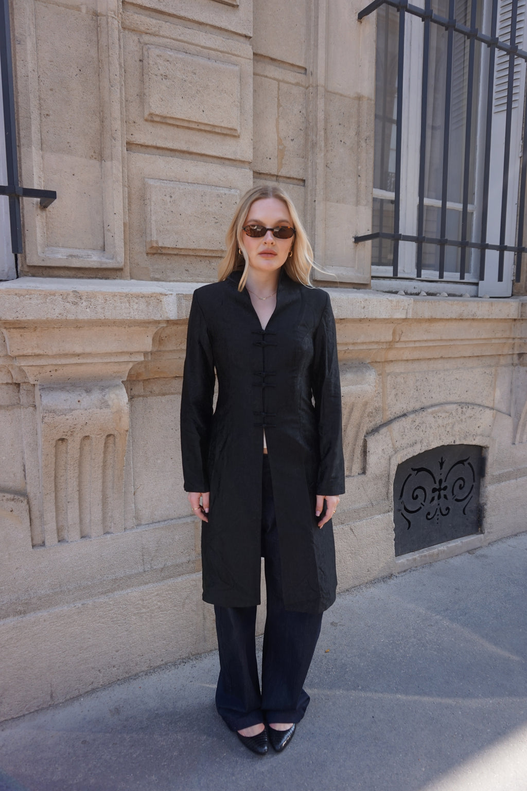 Black Chinese-Style Satin Jacket with Knot Closures