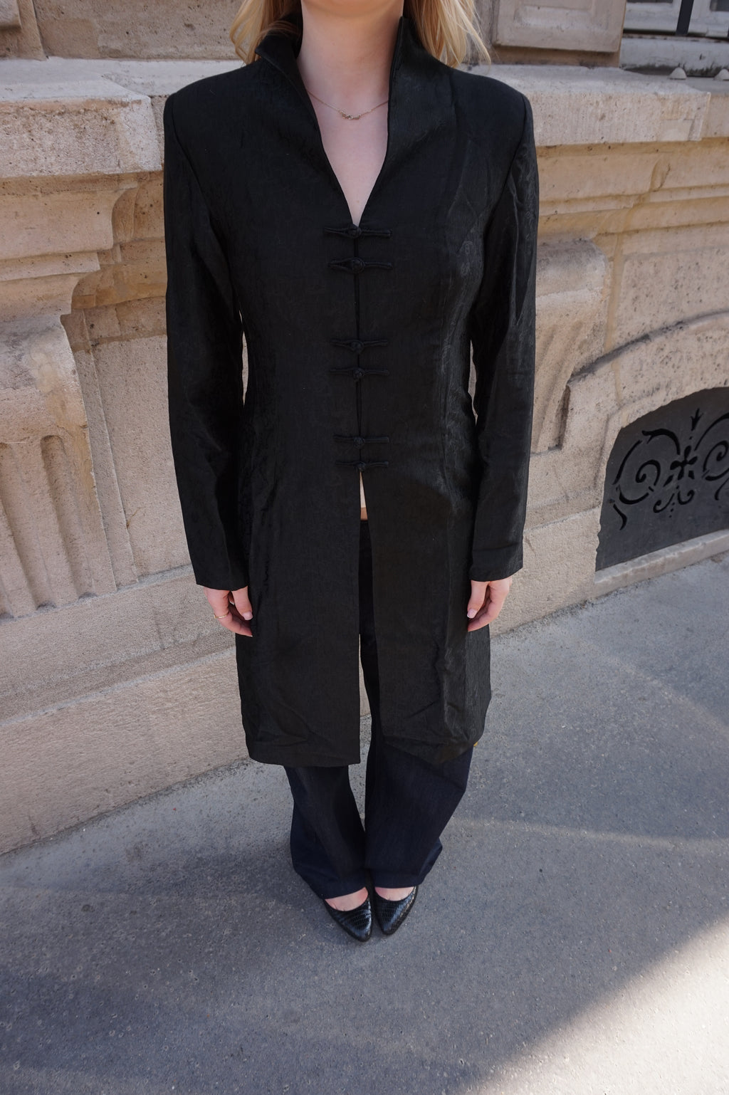 Black Chinese-Style Satin Jacket with Knot Closures