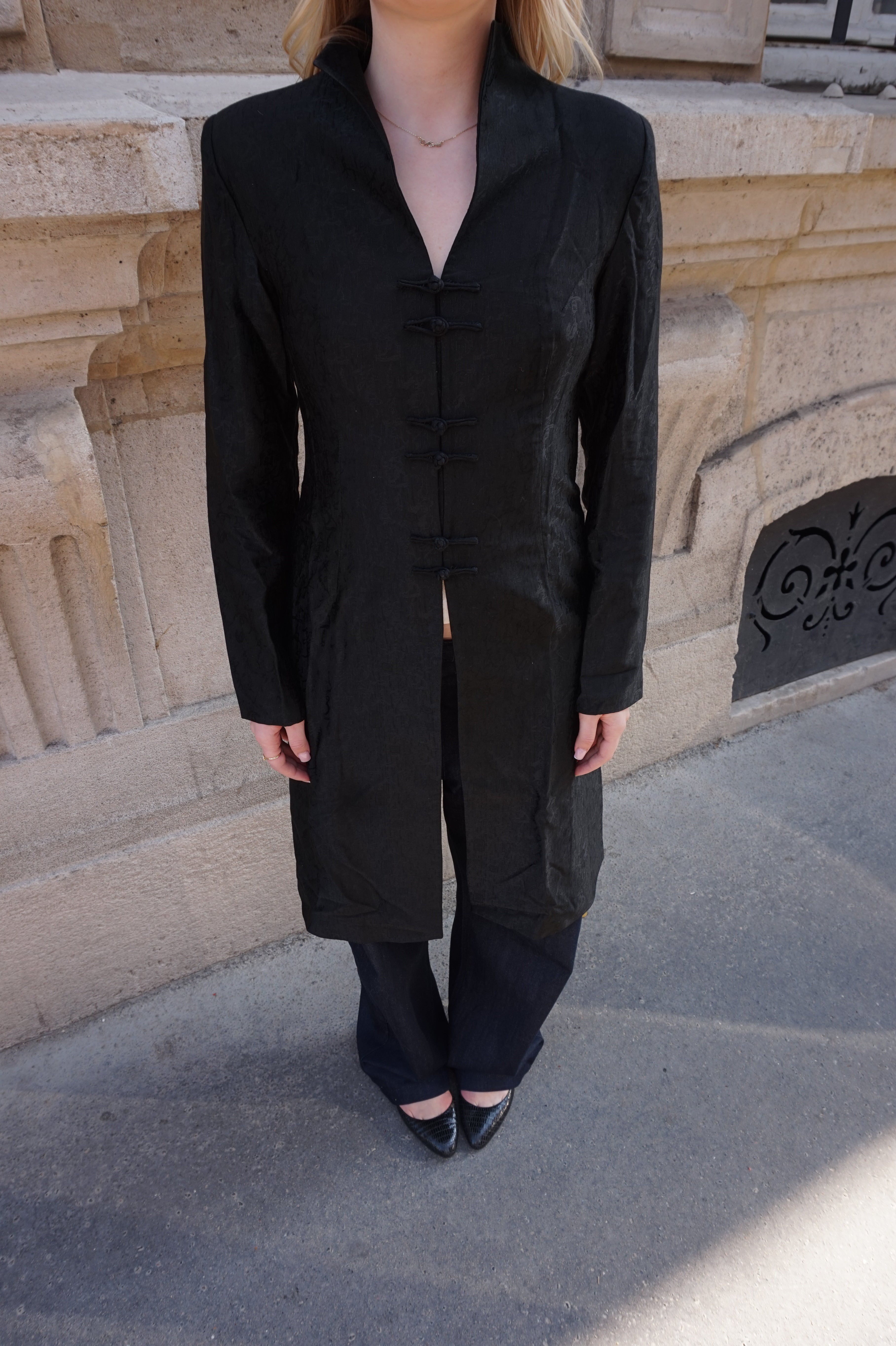 Black Chinese-Style Satin Jacket with Knot Closures