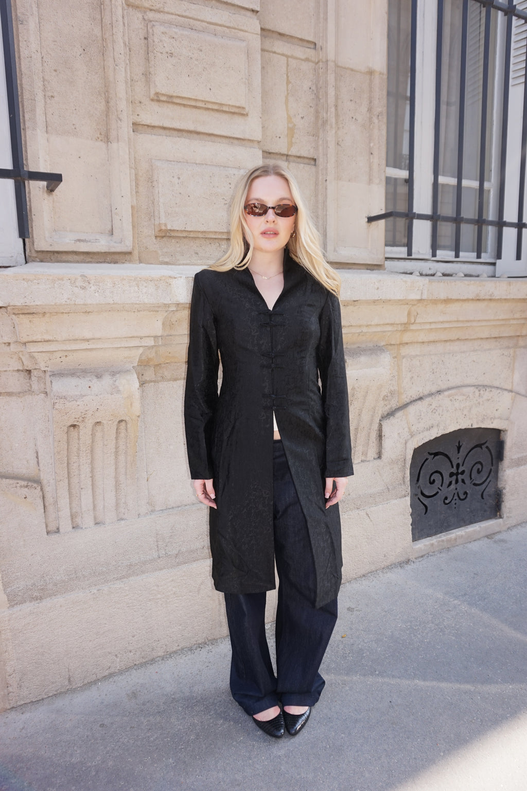 Black Chinese-Style Satin Jacket with Knot Closures