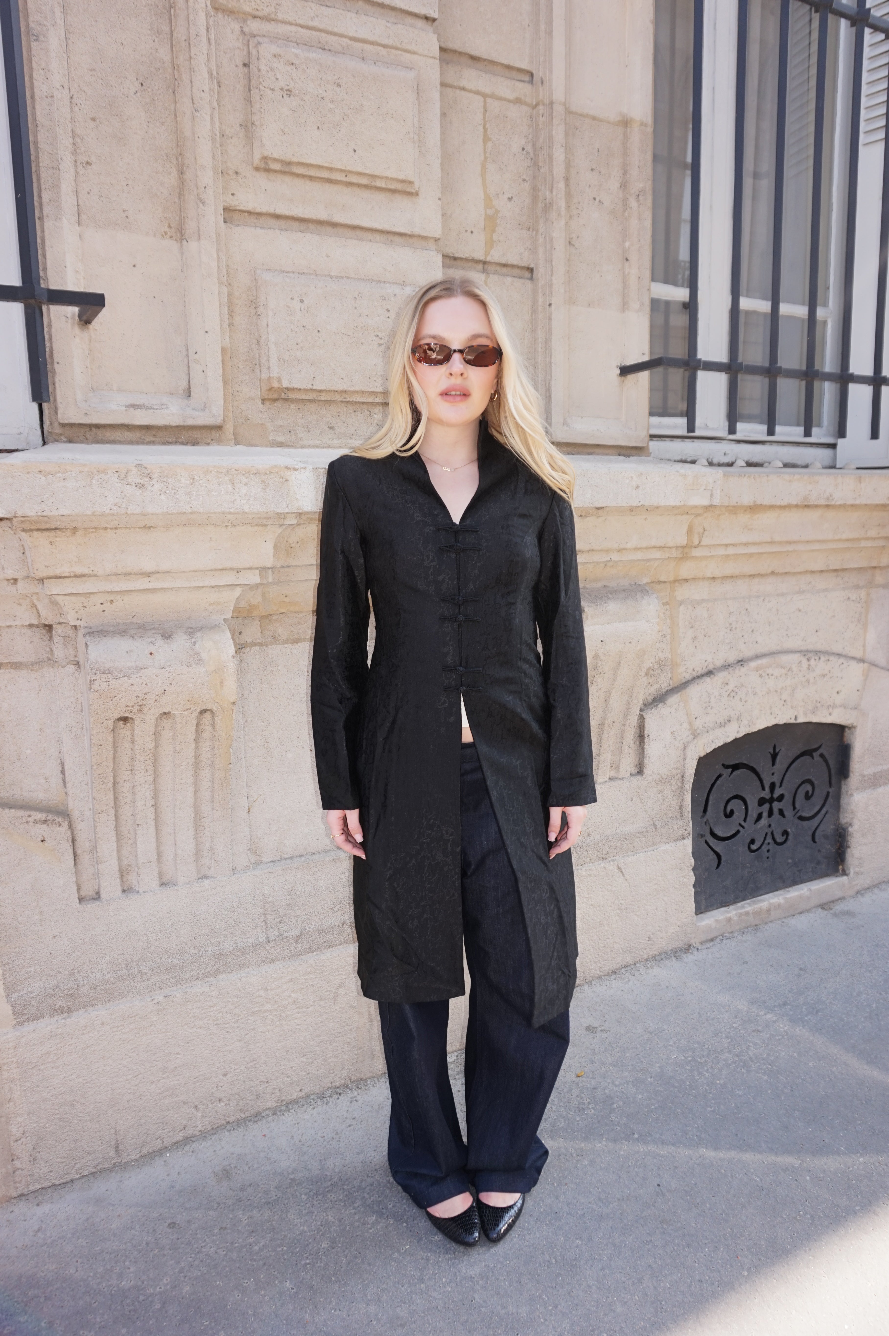 Black Chinese-Style Satin Jacket with Knot Closures