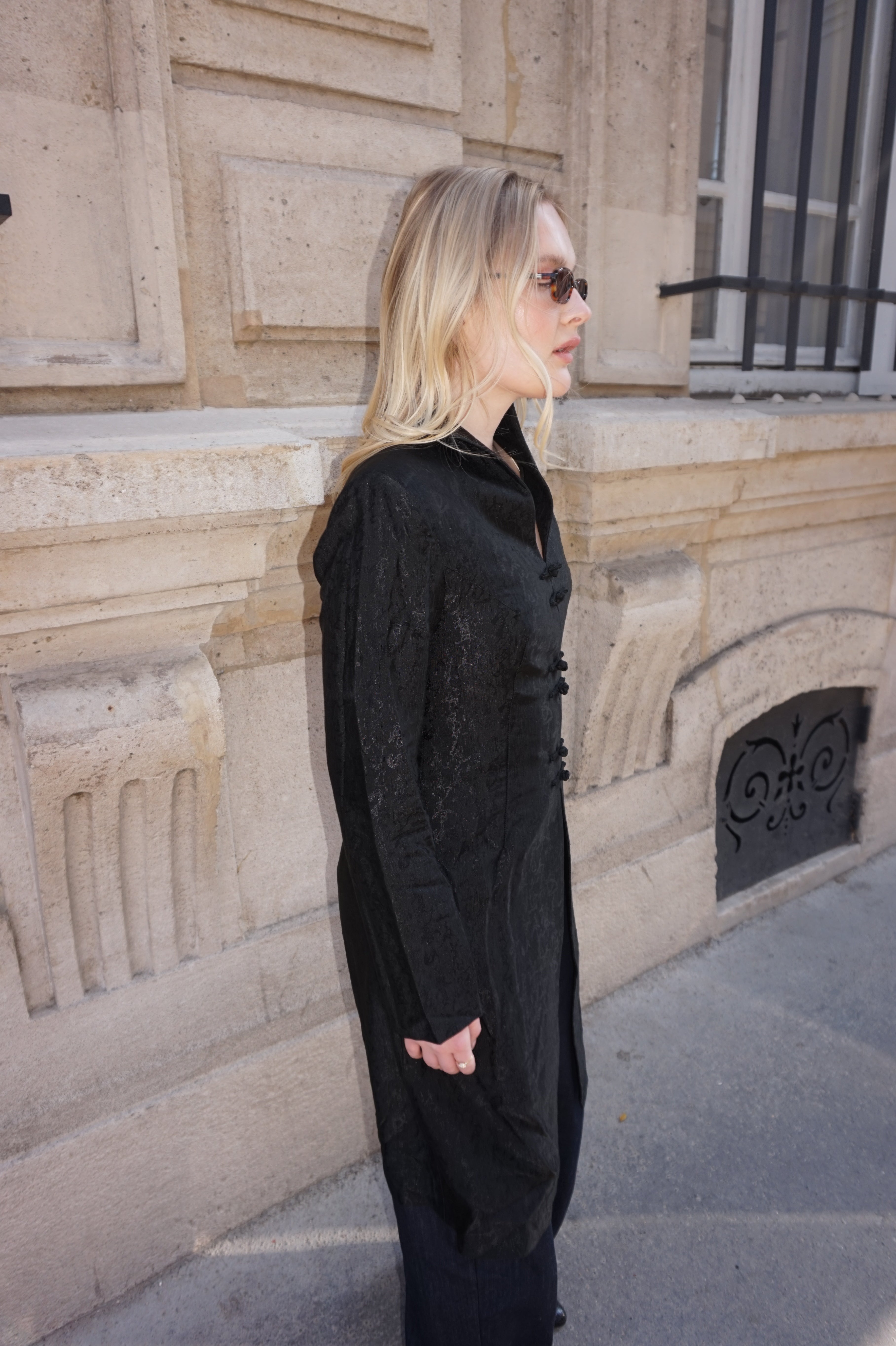 Black Chinese-Style Satin Jacket with Knot Closures