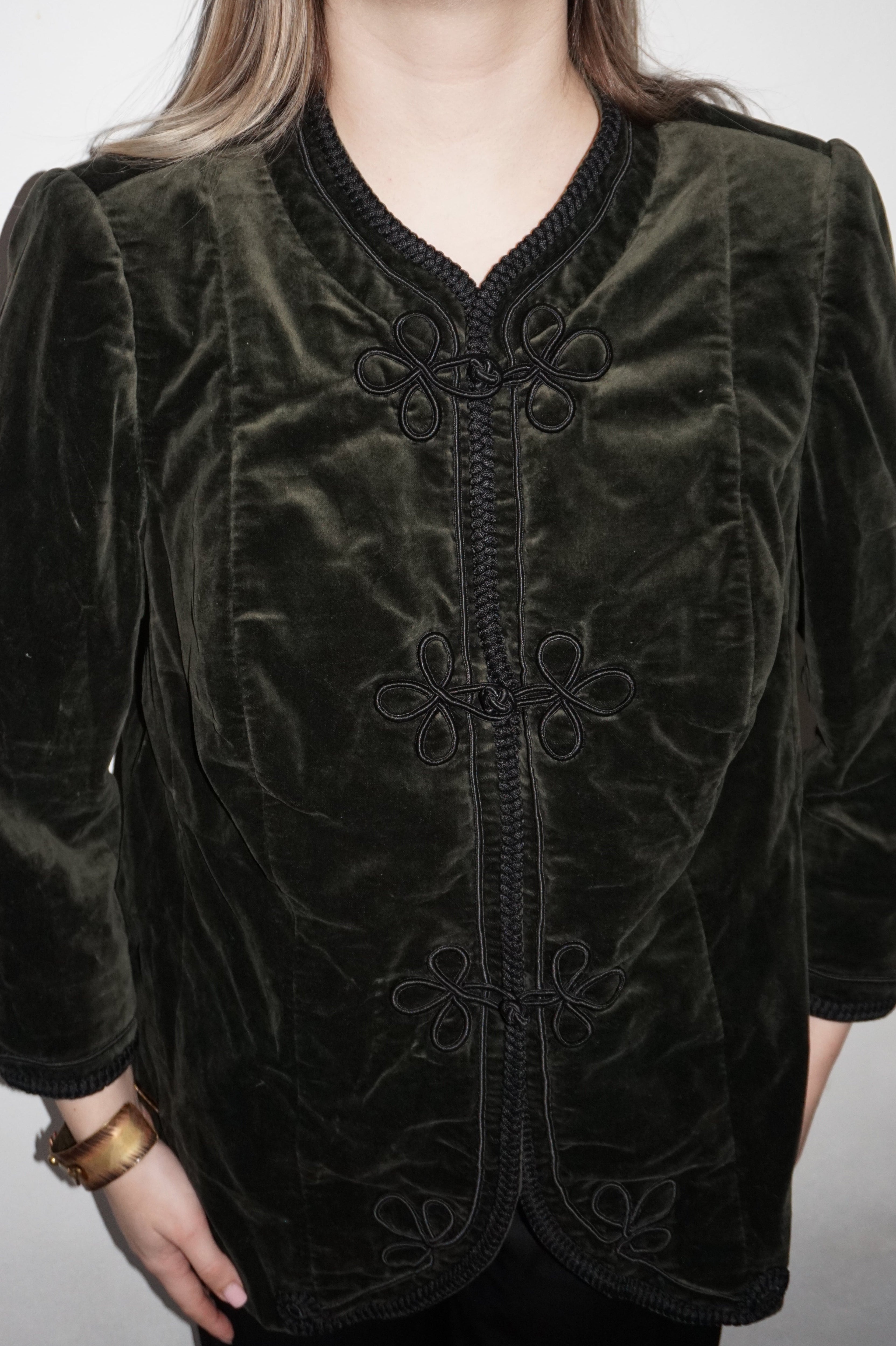 Vintage Dark Green Velvet Corduroy Jacket with Chinese Knot Closure