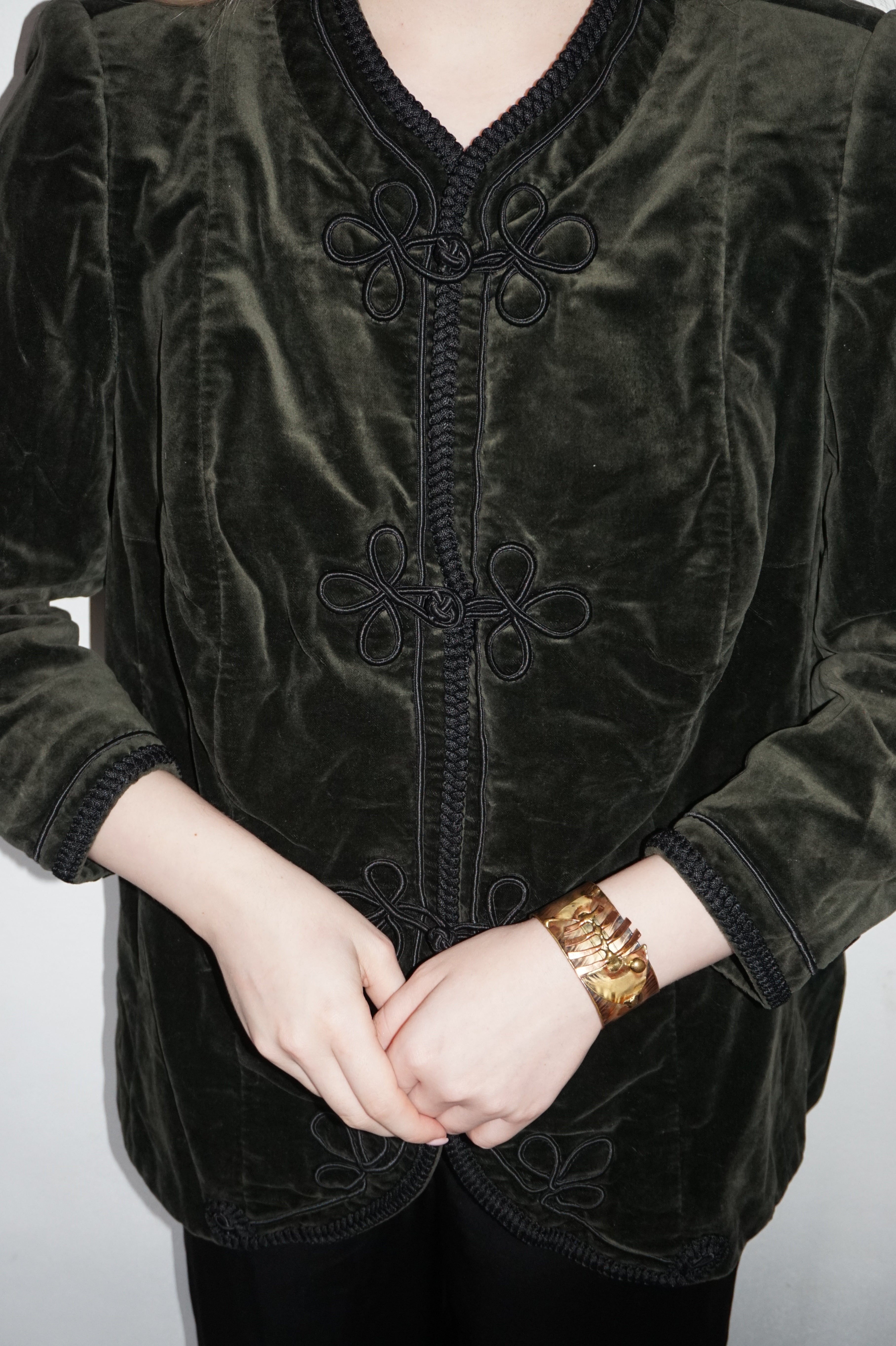 Vintage Dark Green Velvet Corduroy Jacket with Chinese Knot Closure