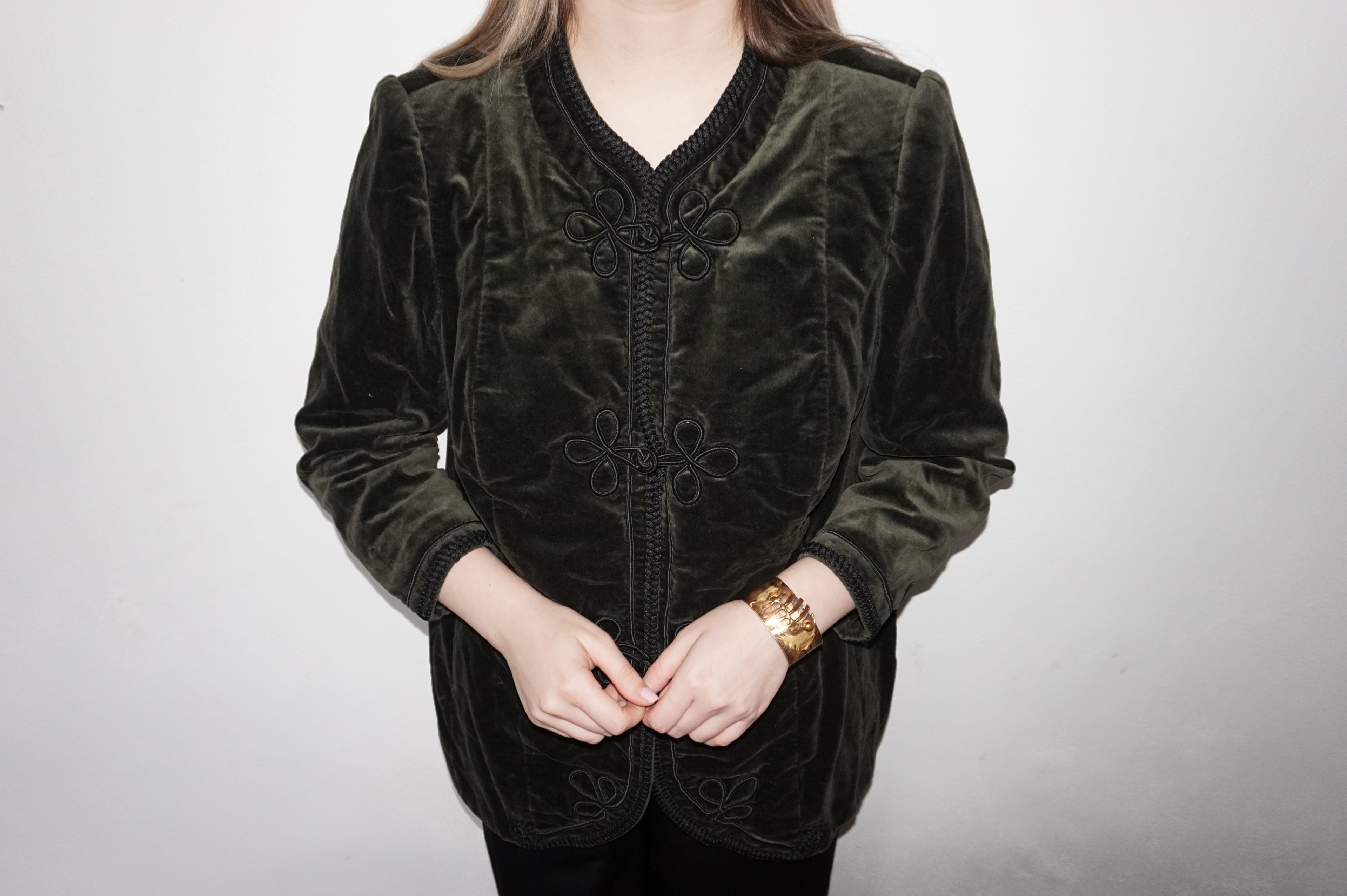 Vintage Dark Green Velvet Corduroy Jacket with Chinese Knot Closure