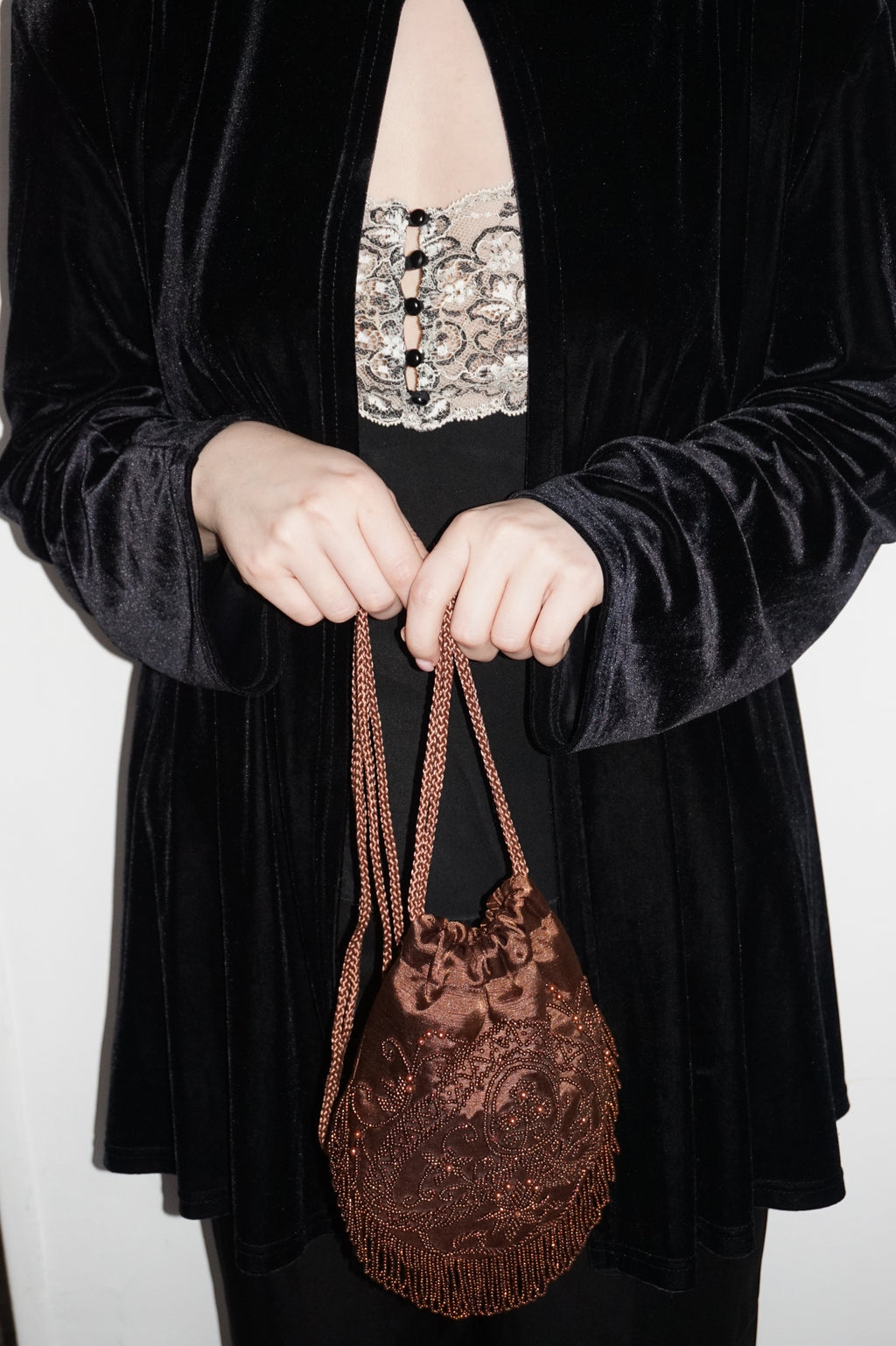 1990s Handmade Chocolate Brown & Gold Beaded Drawstring Bag