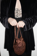 1990s Handmade Chocolate Brown & Gold Beaded Drawstring Bag