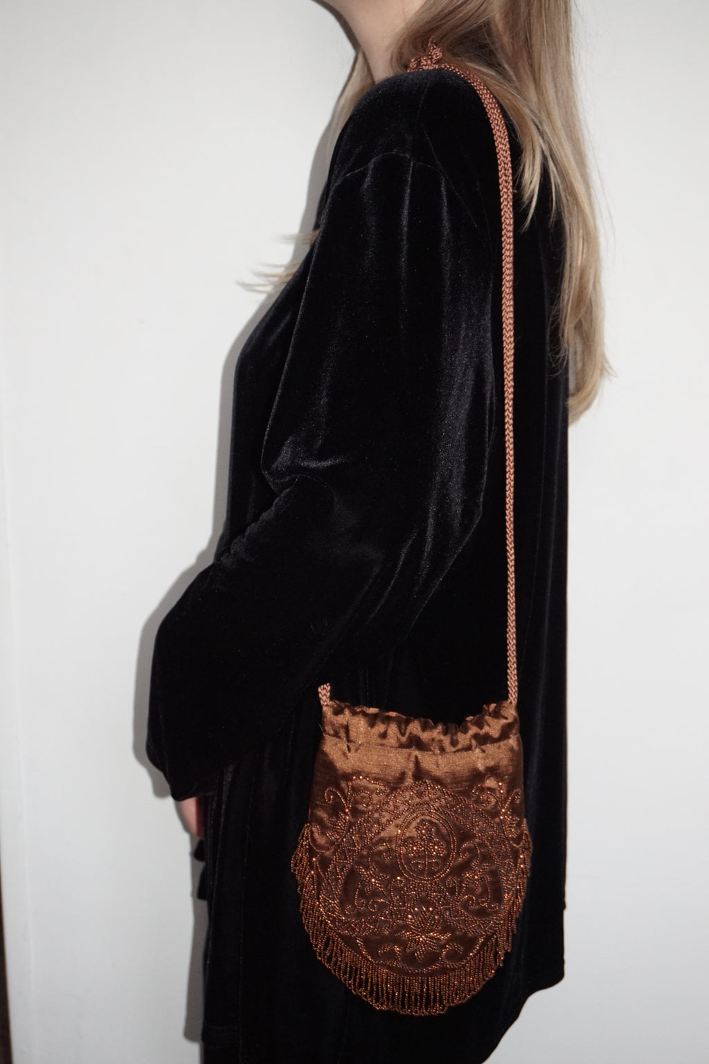 1990s Handmade Chocolate Brown & Gold Beaded Drawstring Bag