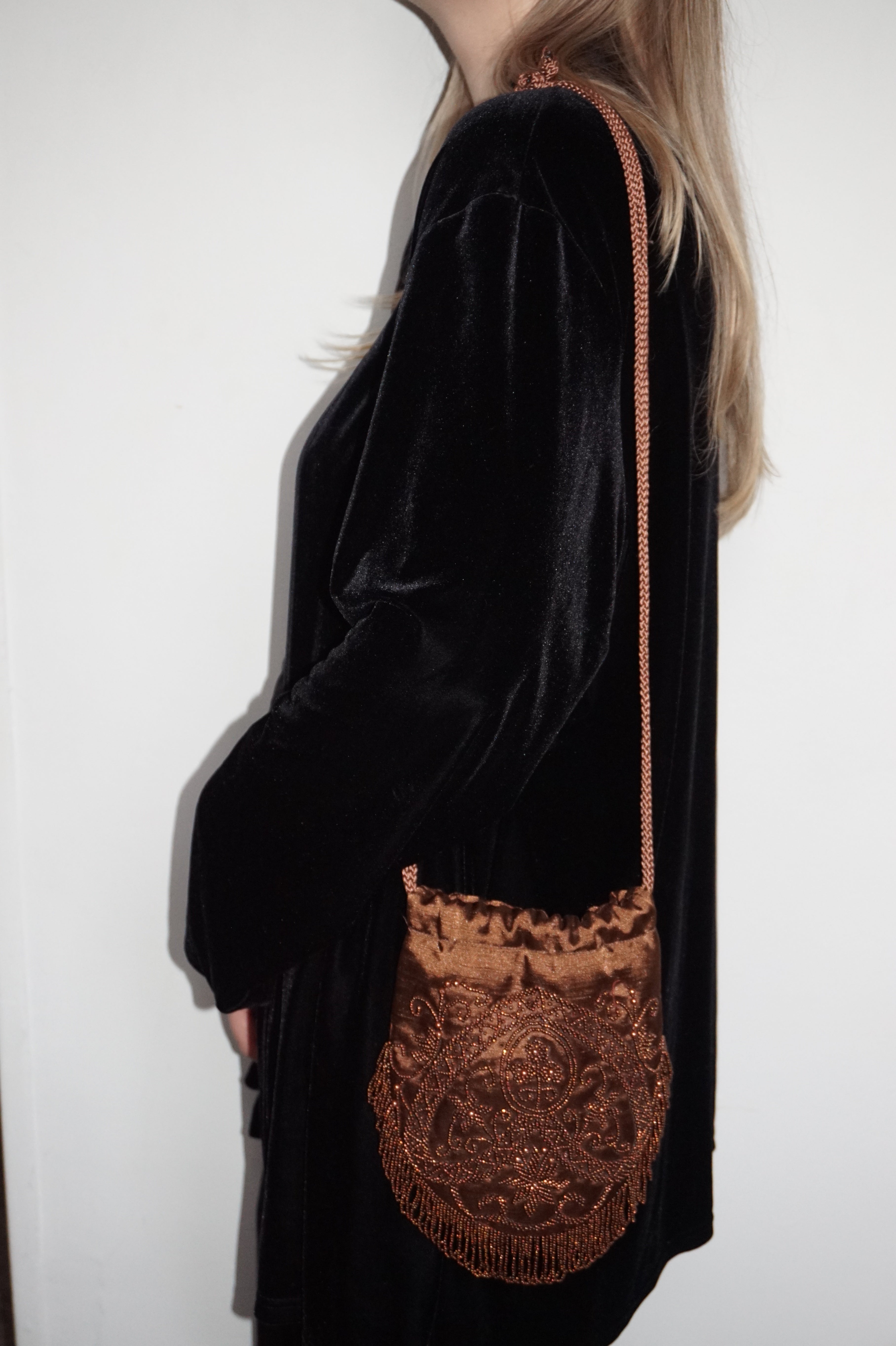 1990s Handmade Chocolate Brown & Gold Beaded Drawstring Bag