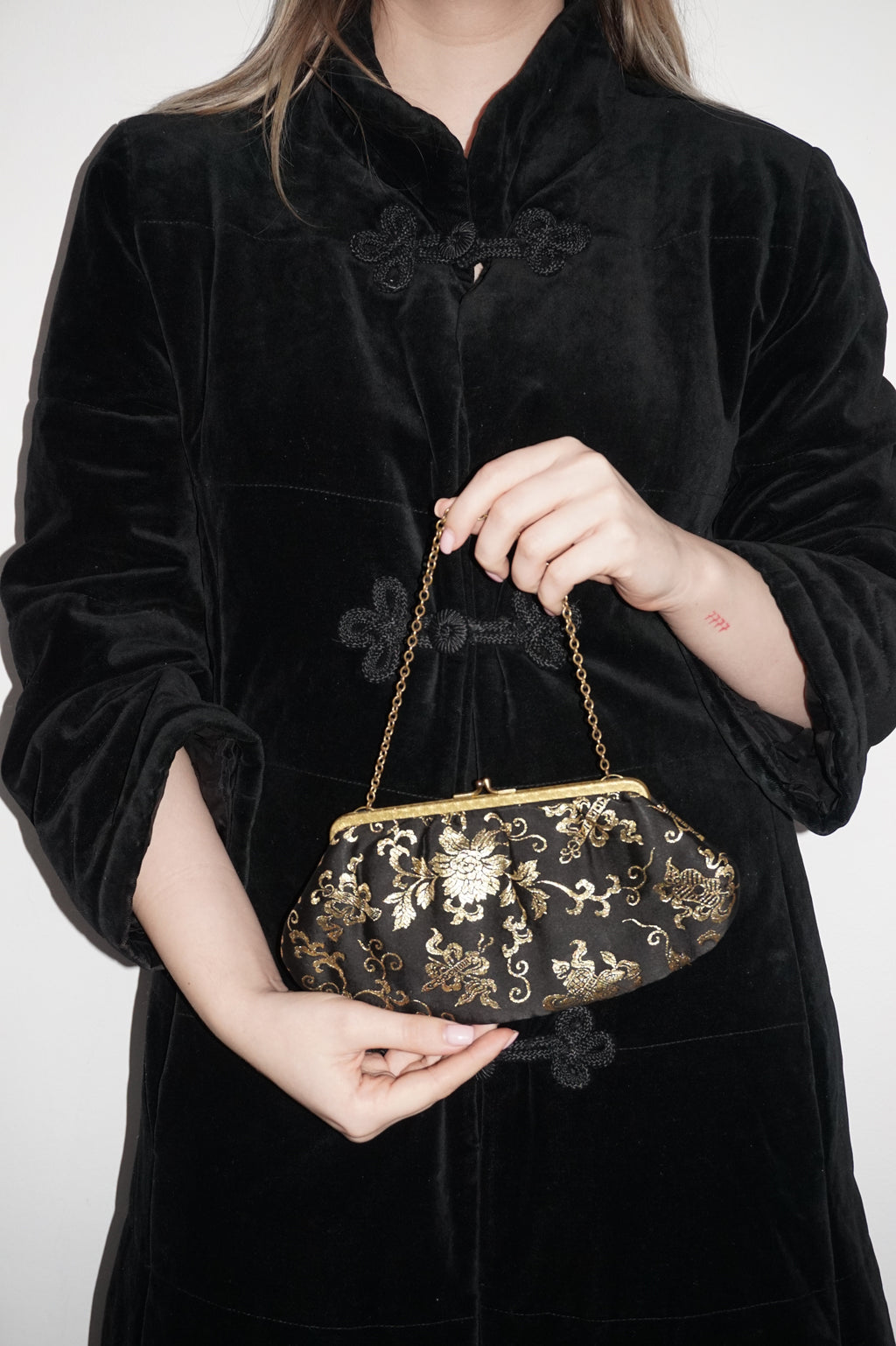 Black Jacquard Mini Clutch with Gold Floral Pattern & Chain Strap