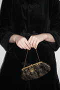 Black Jacquard Mini Clutch with Gold Floral Pattern & Chain Strap