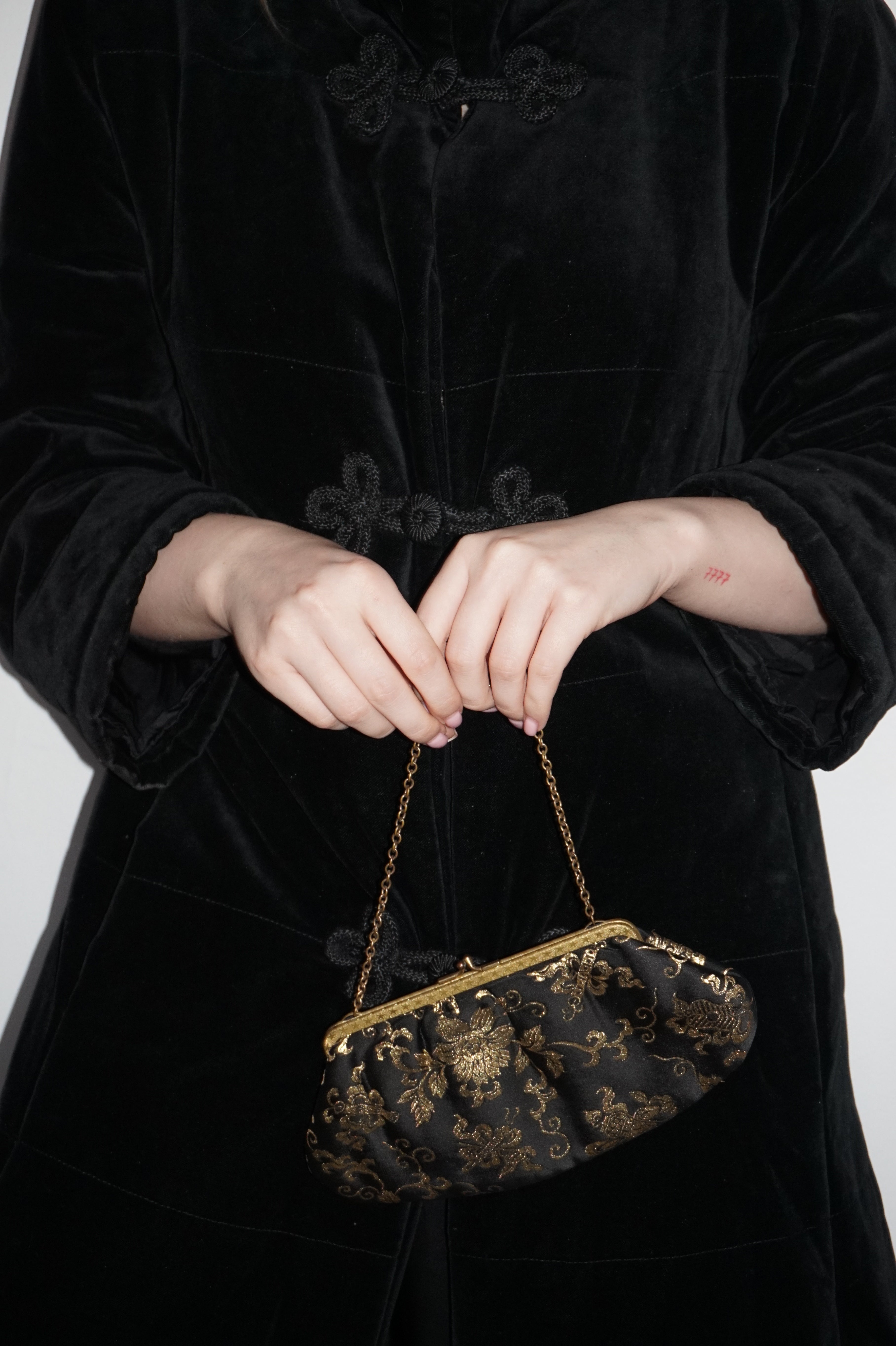 Black Jacquard Mini Clutch with Gold Floral Pattern & Chain Strap
