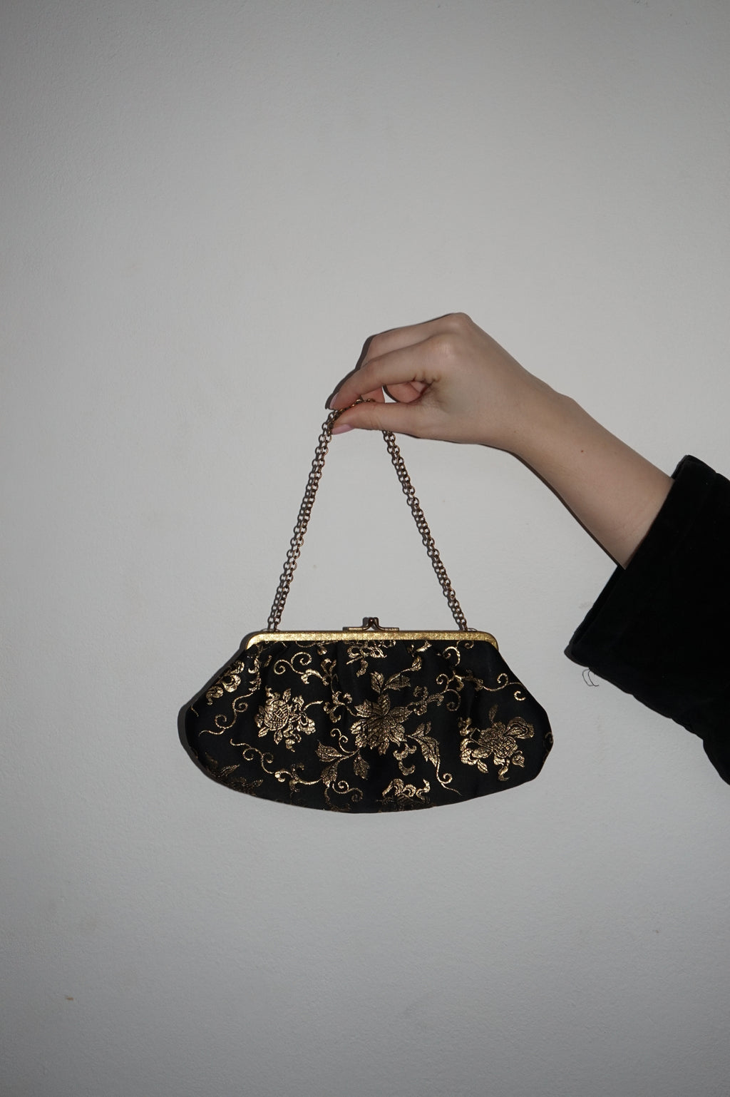 Black Jacquard Mini Clutch with Gold Floral Pattern & Chain Strap