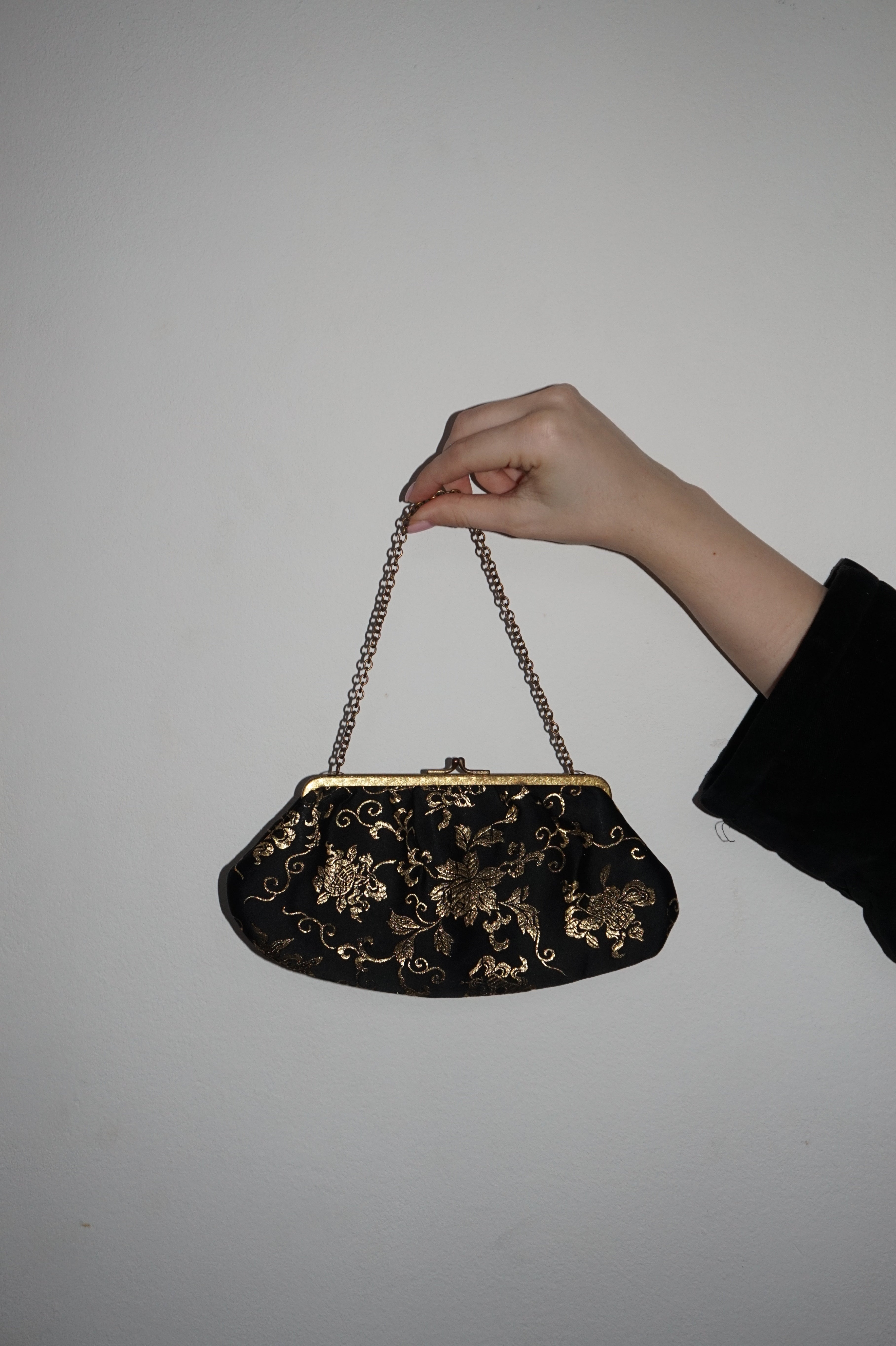 Black Jacquard Mini Clutch with Gold Floral Pattern & Chain Strap