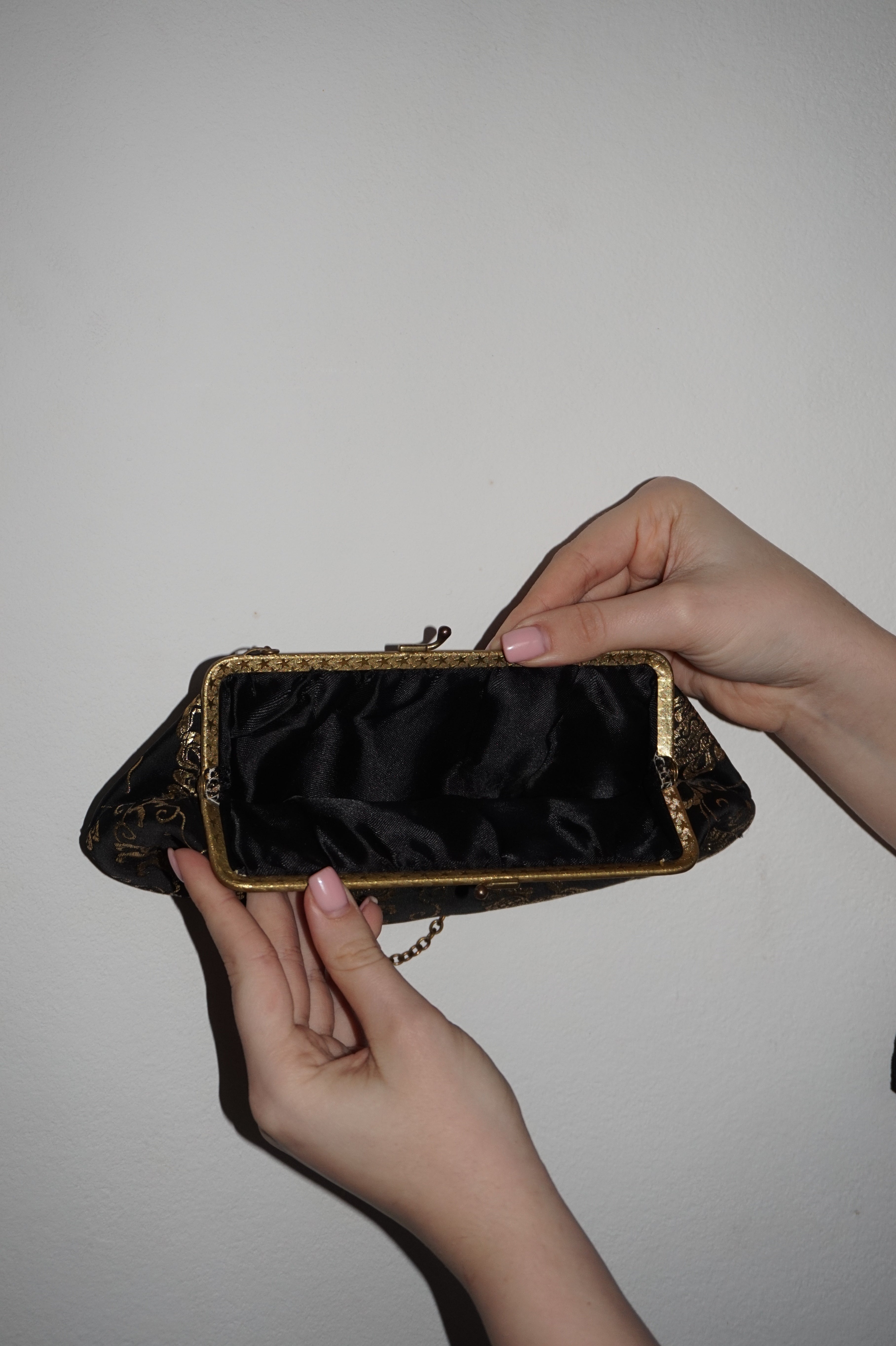Black Jacquard Mini Clutch with Gold Floral Pattern & Chain Strap