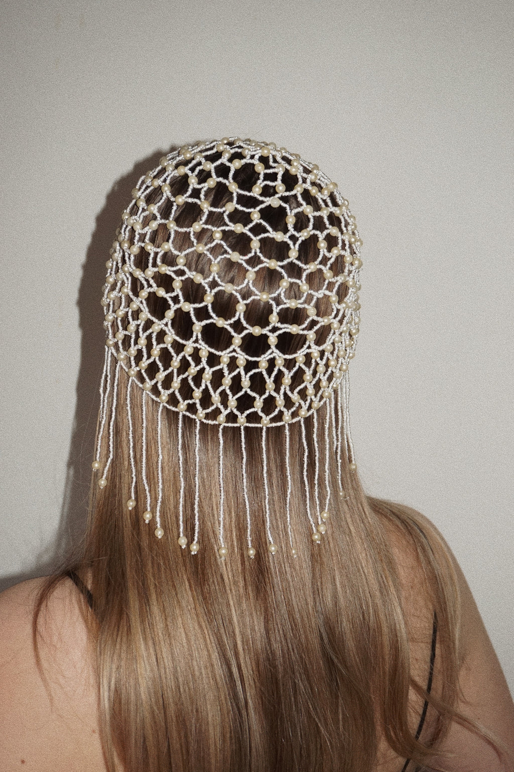 1920s Art Deco White Pearl Beaded Flapper Cap Headpiece