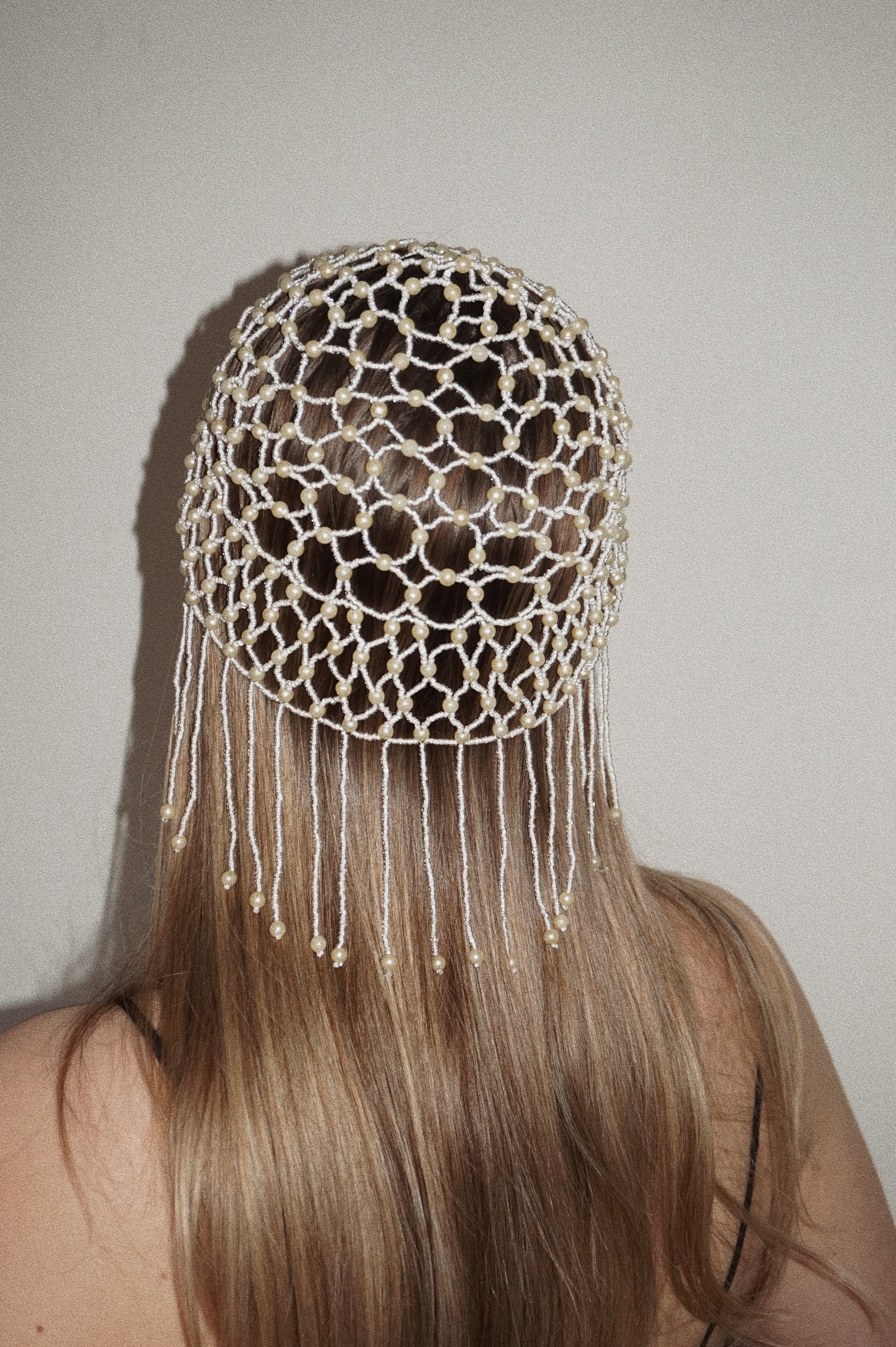 1920s Art Deco White Pearl Beaded Flapper Cap Headpiece