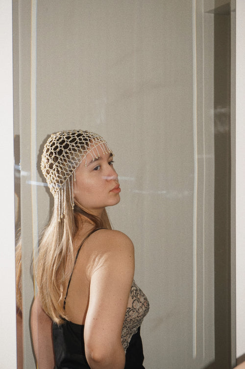 1920s Art Deco White Pearl Beaded Flapper Cap Headpiece