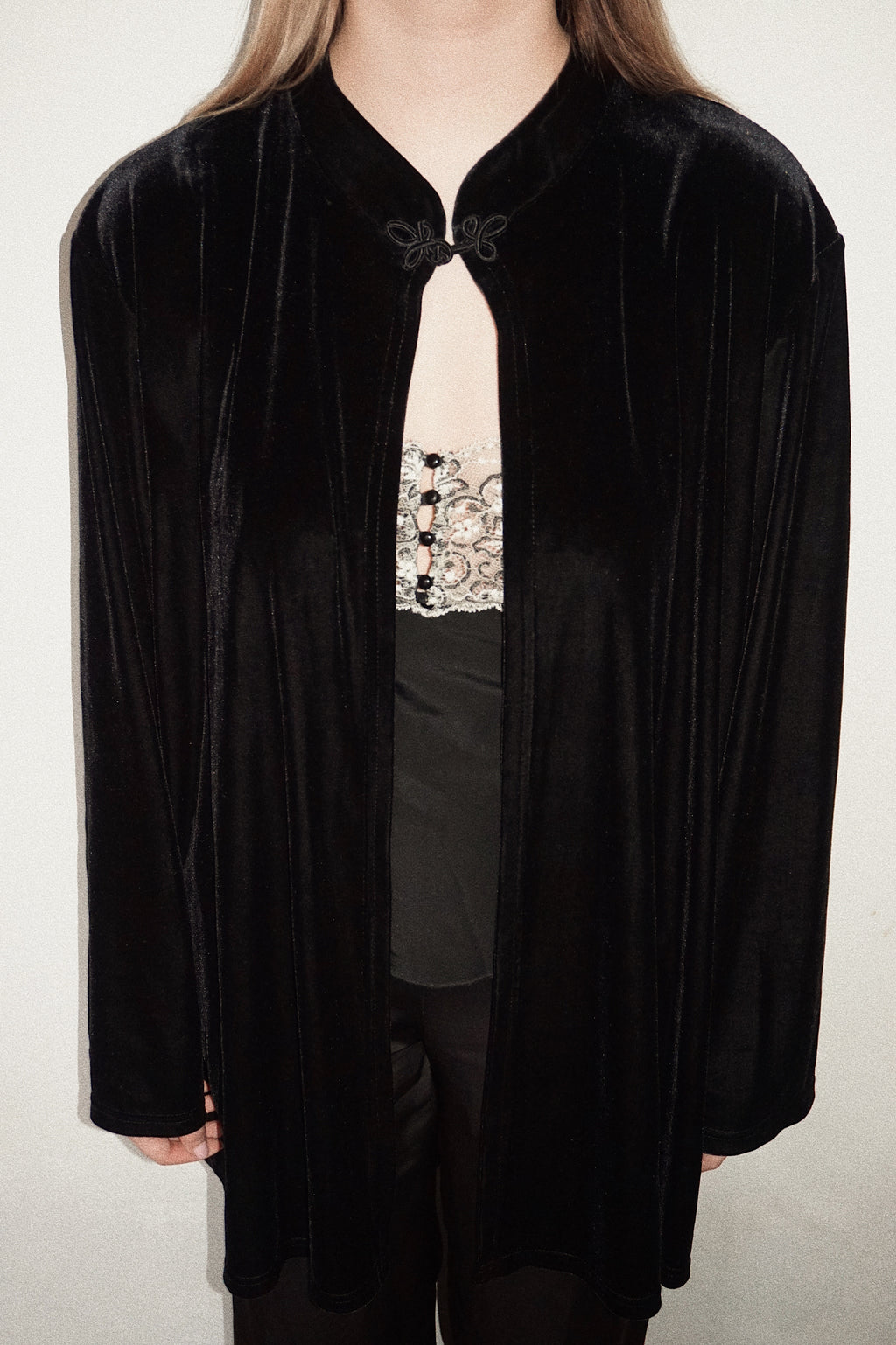 Black Velvet Corduroy Blazer with Chinese Knot
