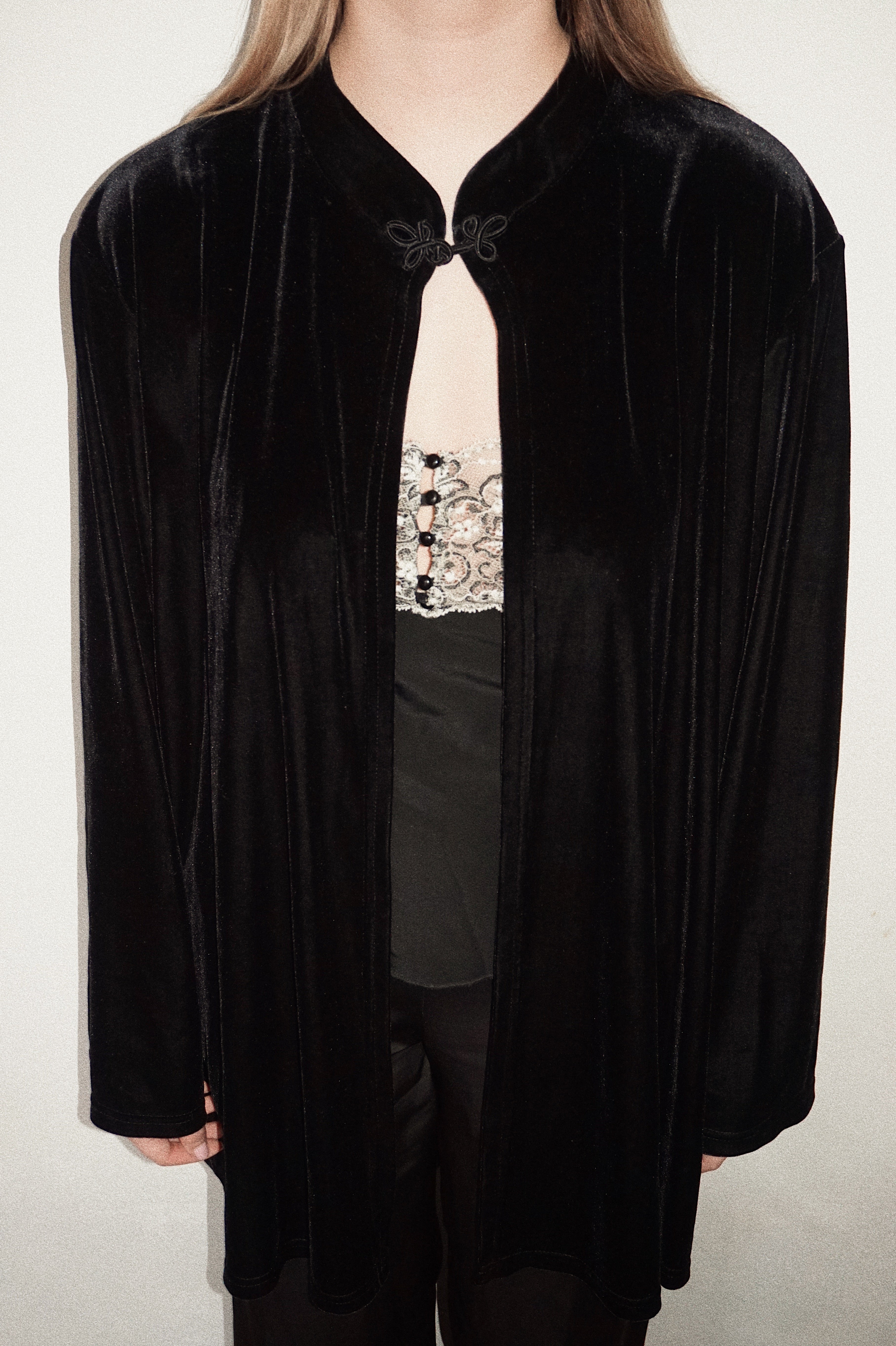 Black Velvet Corduroy Blazer with Chinese Knot