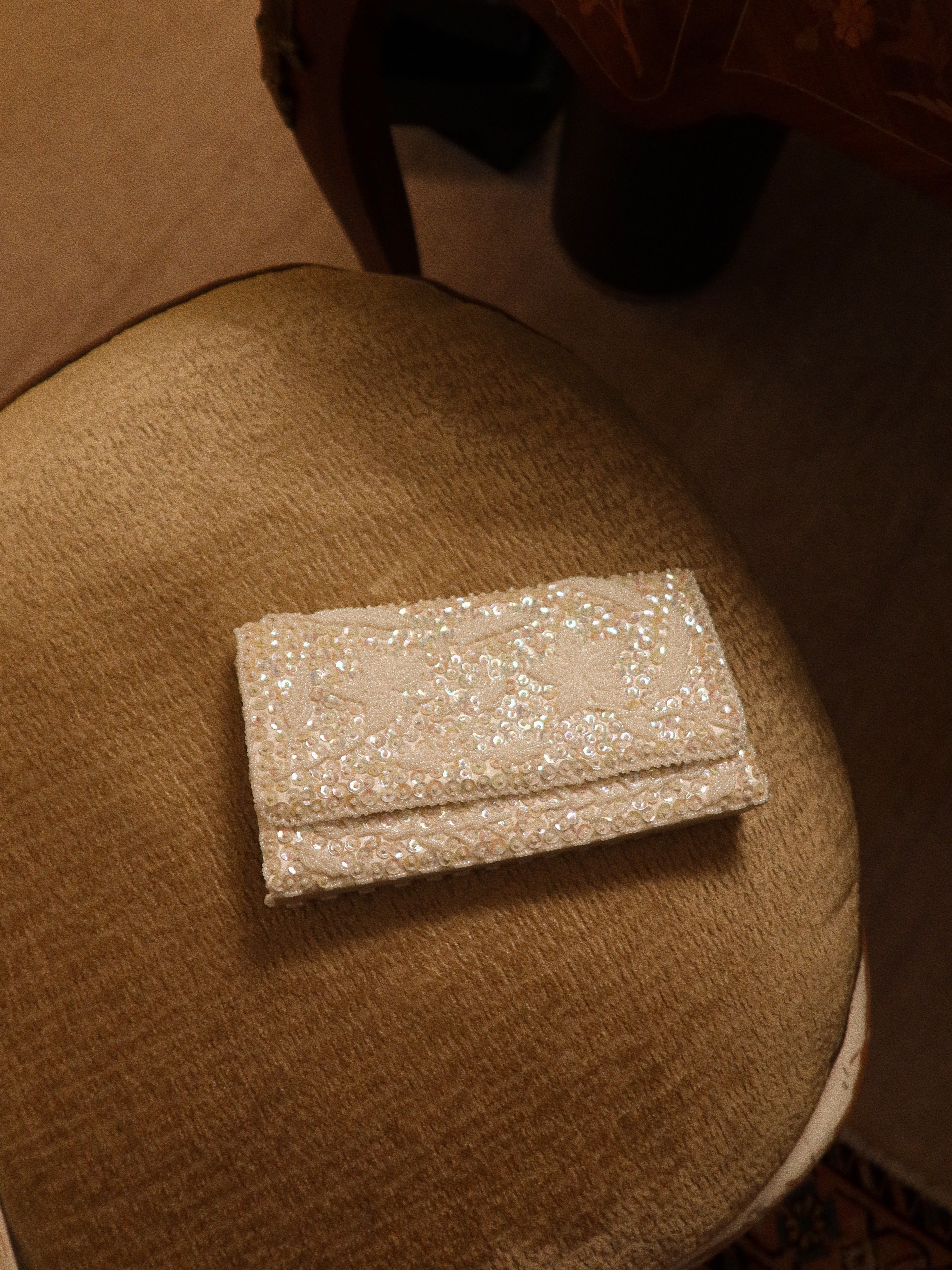 Handmade White Silk Beaded Clutch with Floral Embroidery — Hong Kong