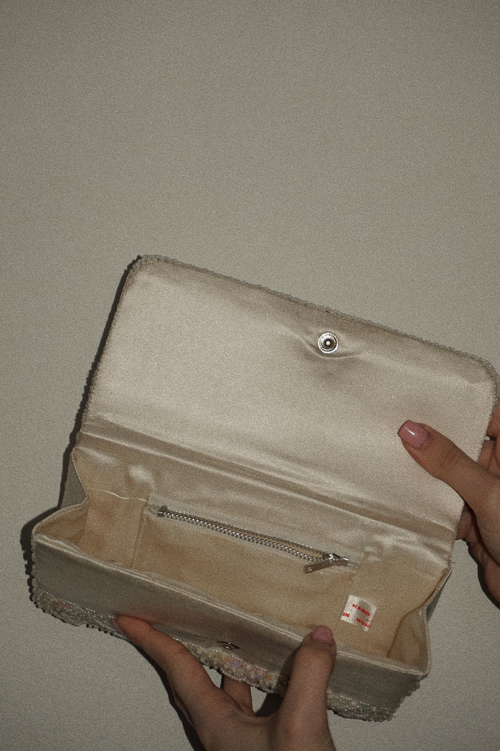 Handmade White Silk Beaded Clutch with Floral Embroidery — Hong Kong