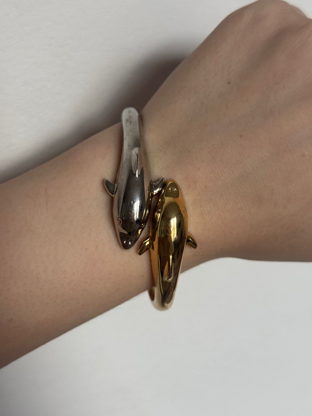Vintage Two Dolphins Mixed Metal Bracelet (Silver & Gold Tone)