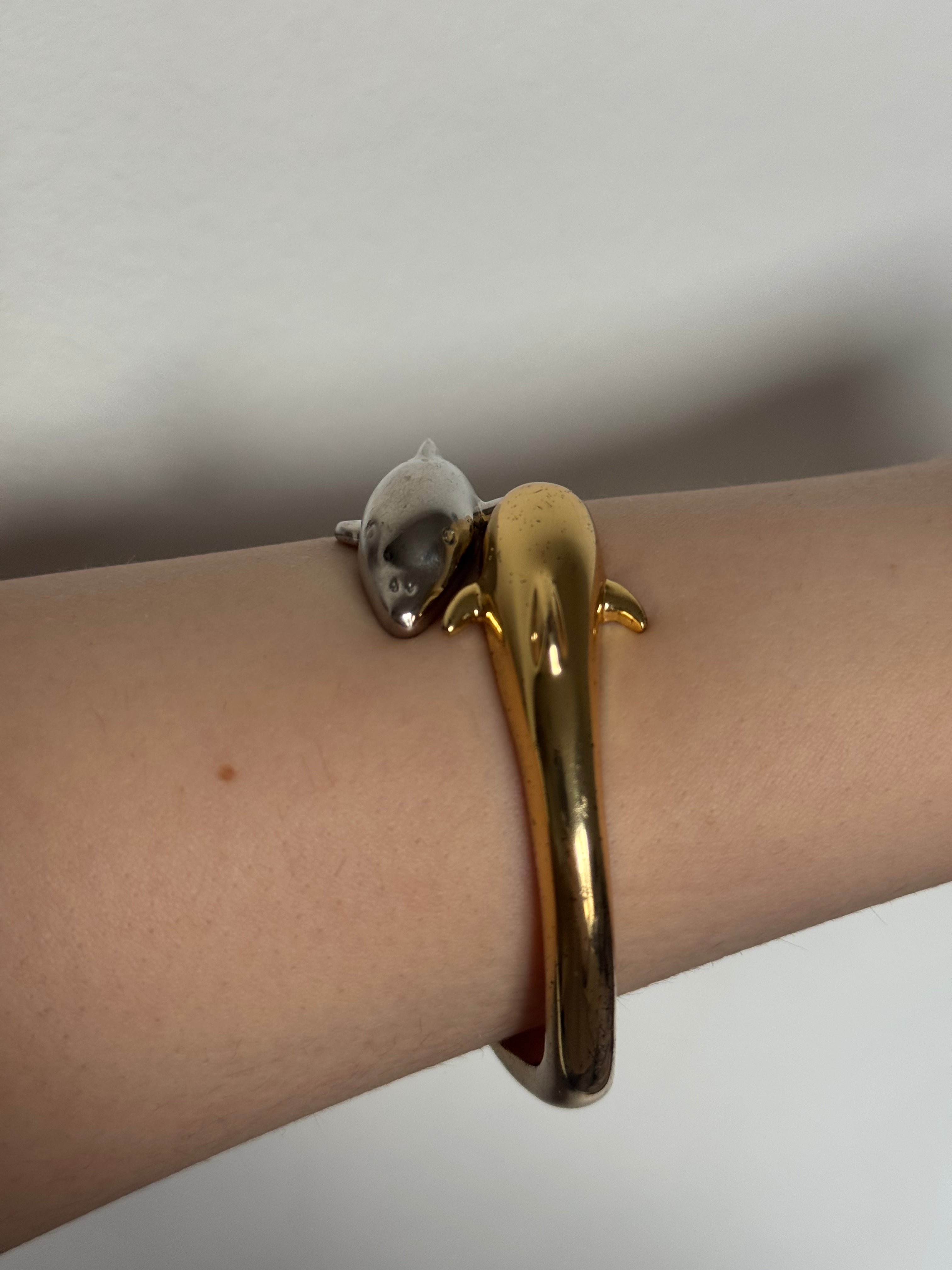 Vintage Two Dolphins Mixed Metal Bracelet (Silver & Gold Tone)